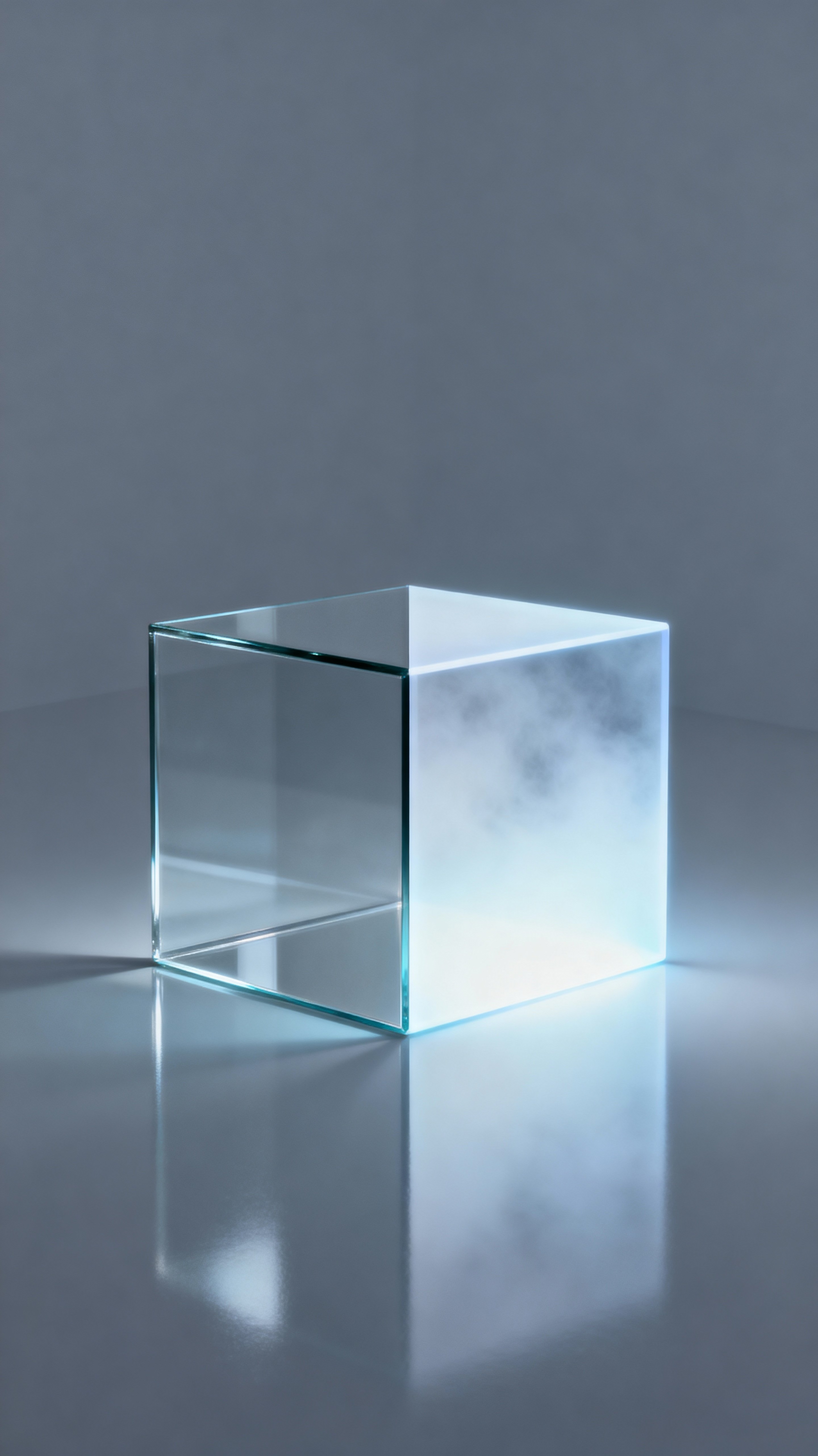 A split-half holographic cube sits centered on a clean reflective surface in a cool minimal environment, one half clear glass and the other glowing with pale, fog-like light.
