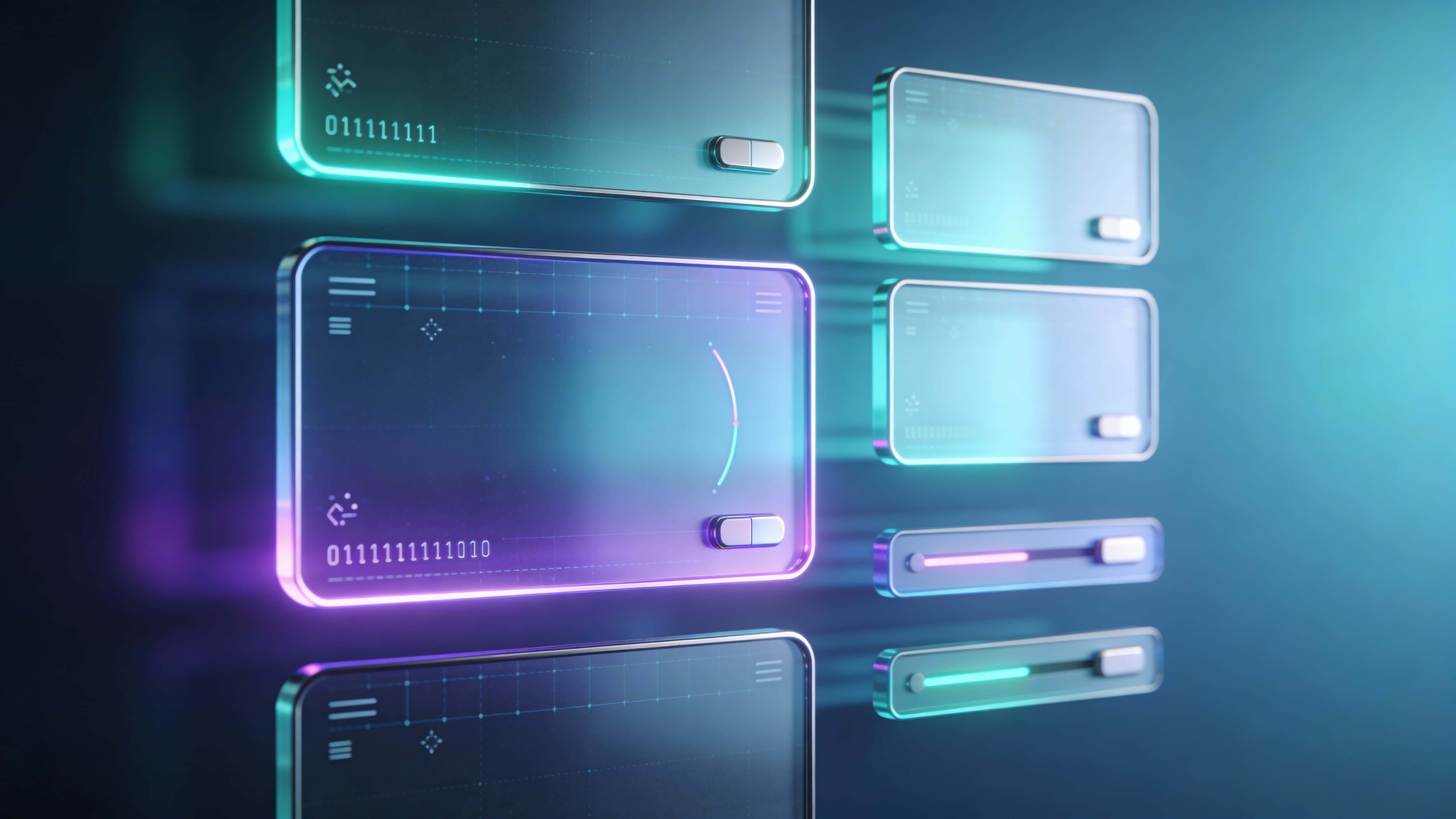 Floating holographic UI panels as a sleek 3D-render wallpaper for 16:9 displays, with layered translucent cards, soft neon glows, and precise geometric controls for clarity.