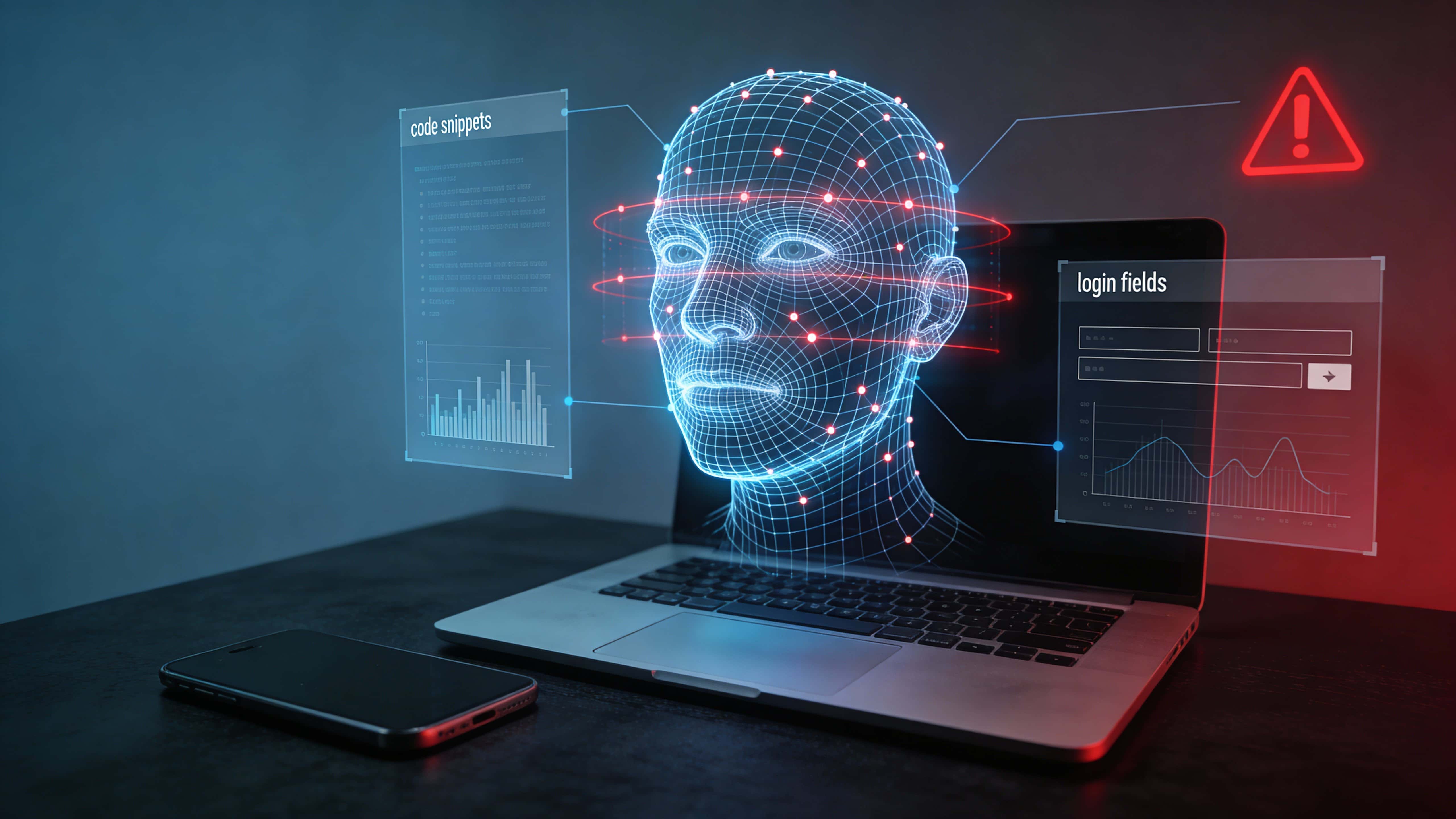 A holographic wireframe human face floats above a laptop and smartphone on a dark desk, wrapped in biometric scan lines, transparent interface panels and red warning icons.
