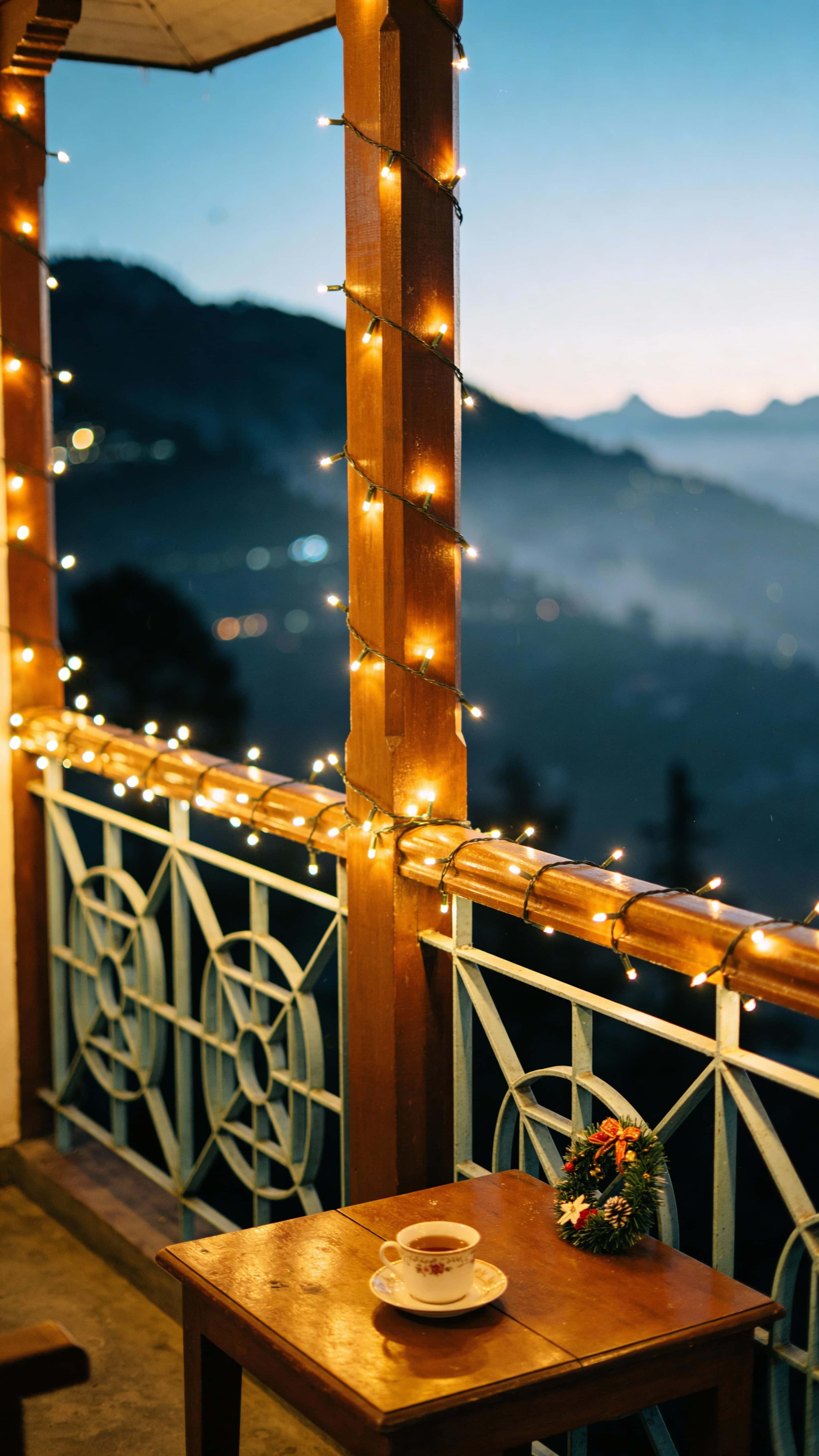 A misty Darjeeling homestay balcony at night with warm fairy lights wrapped on a wooden railing, a steaming teacup on a small table, subtle Christmas decor and peaceful winter air.