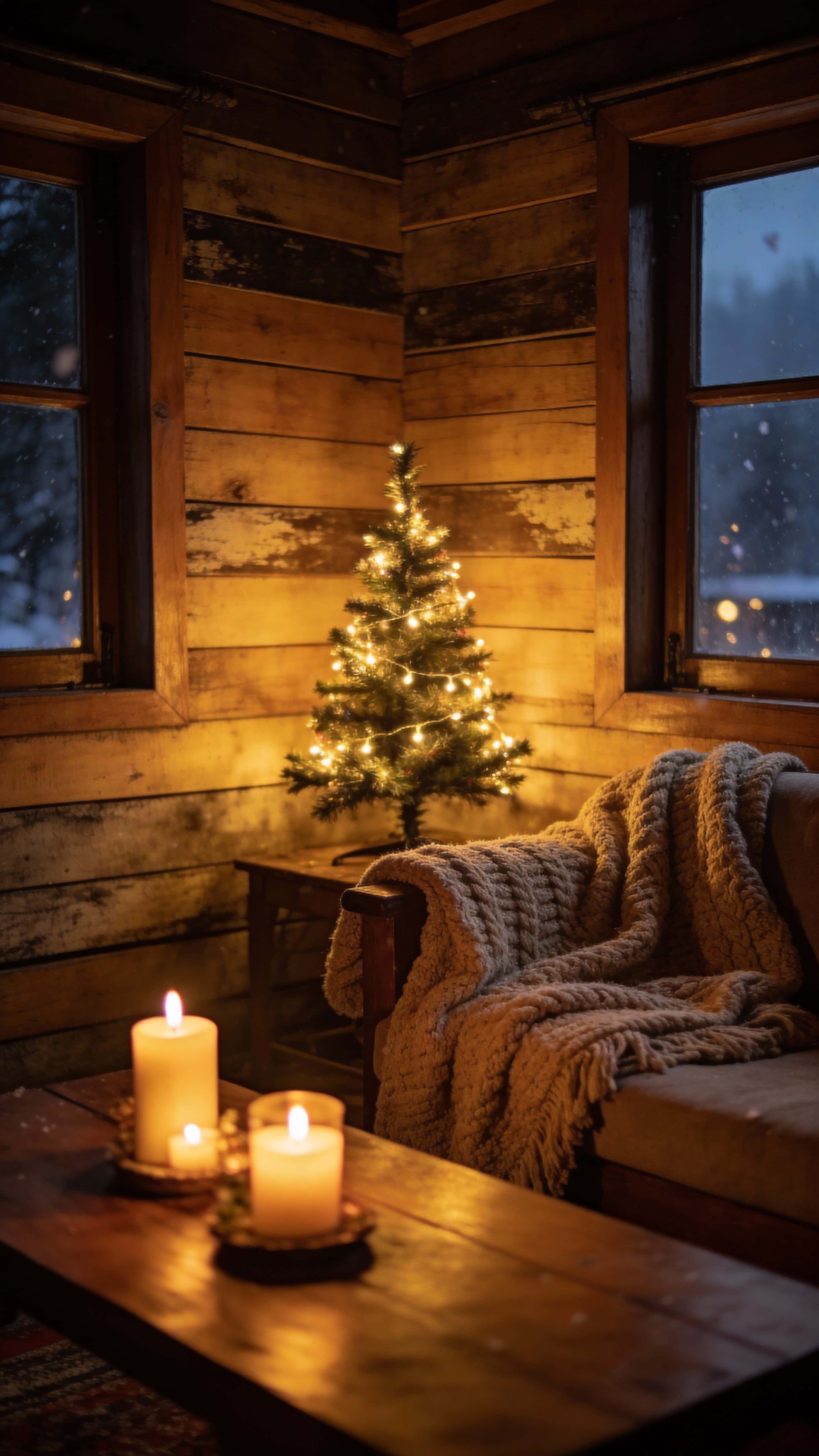 A warm Darjeeling homestay interior on Christmas night with wooden walls, a small tree twinkling with warm fairy lights, candles on the table, blankets on the sofa, and a window revealing a misty cold night outside.