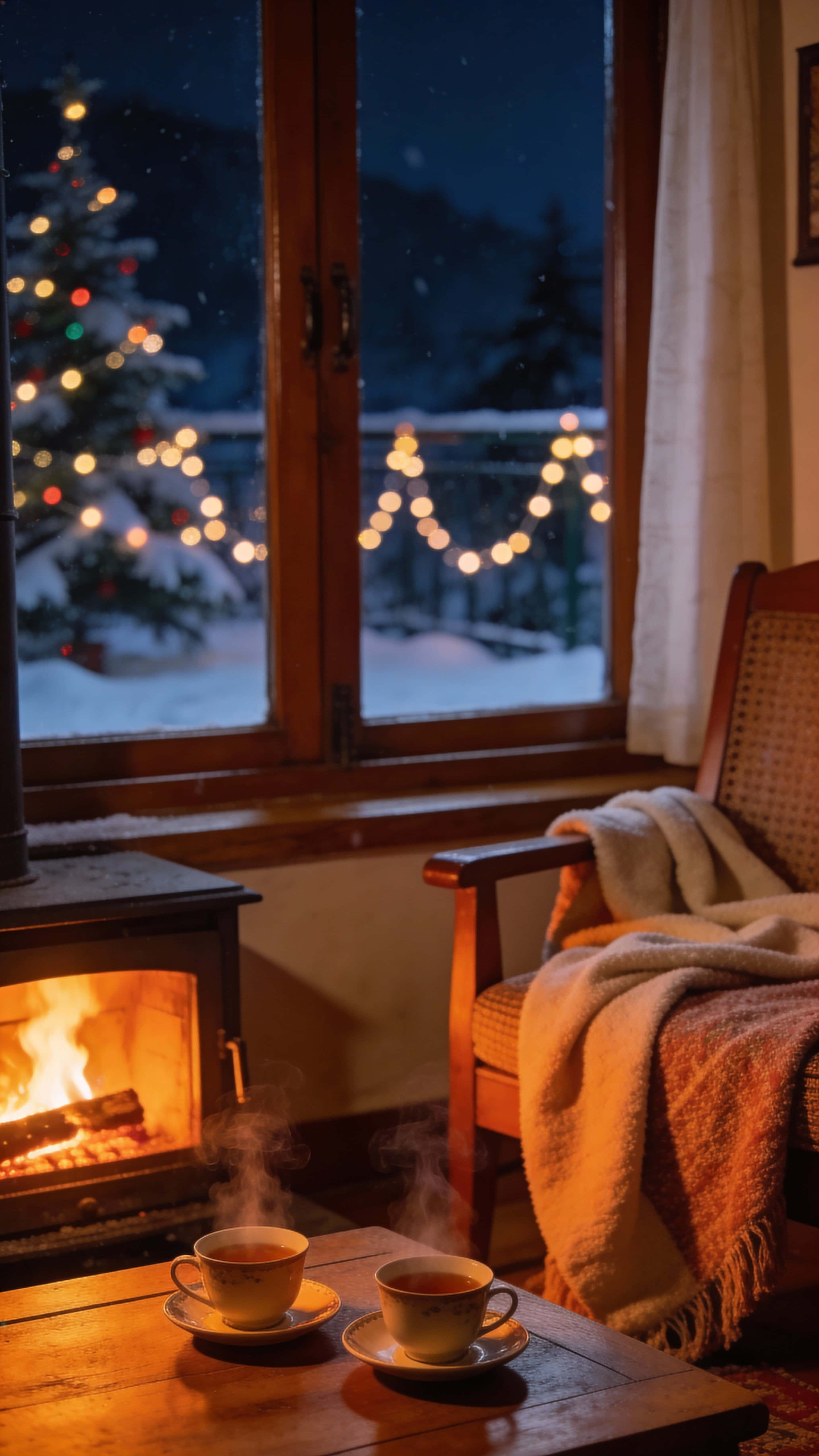 A cozy Darjeeling homestay room on Christmas night with a glowing fireplace casting warm orange light over steaming tea cups on a wooden table, soft blankets, fairy lights, and a dark snowy window view.