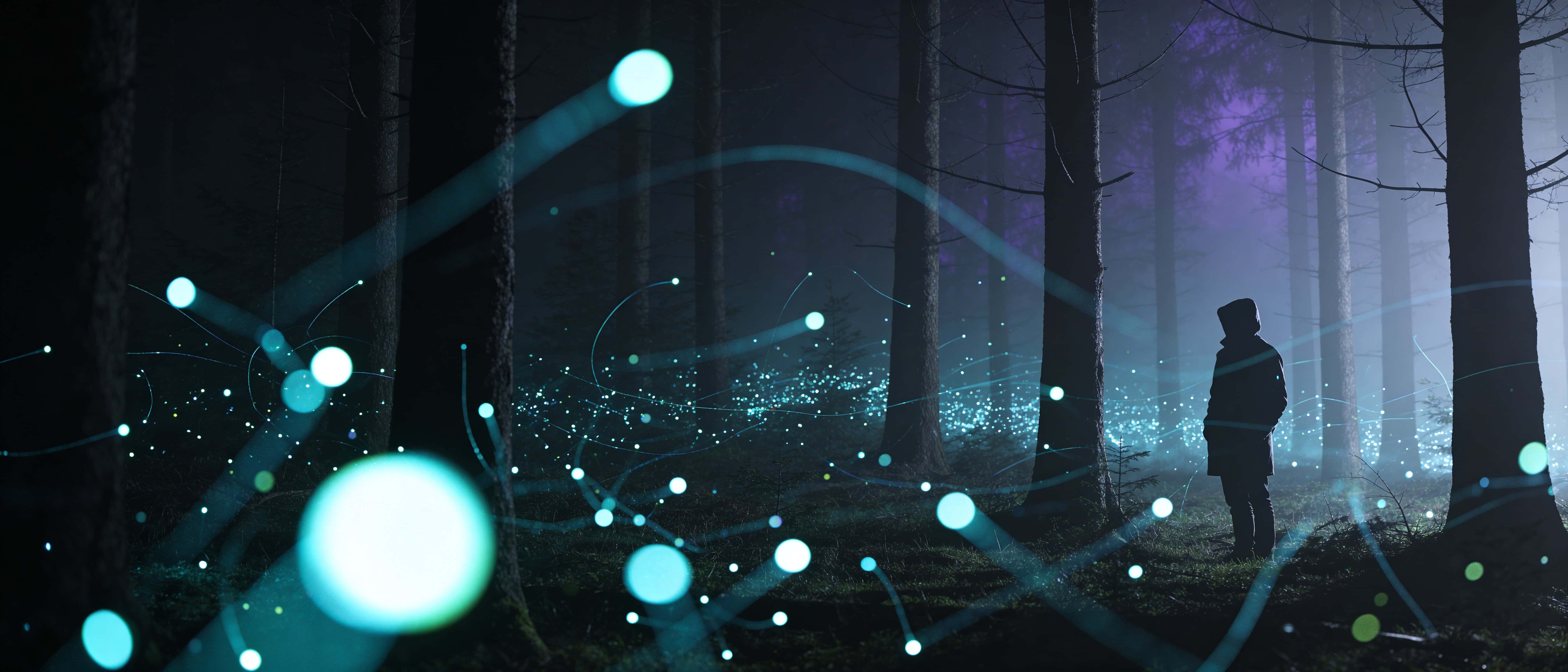 Ultra-wide 21:9 night forest with a hooded figure at right silhouette, expansive left negative space, and bioluminescent cyan–seafoam spores tracing layered glowing paths through mist.