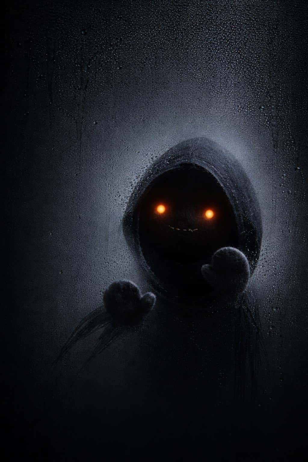 Portrait 2:3 dark fogged-glass canvas with charcoal gradients and condensation; a wiped oval reveals a hooded shadow sprite with ember eyes and mitten hands pressing, minimal composition.