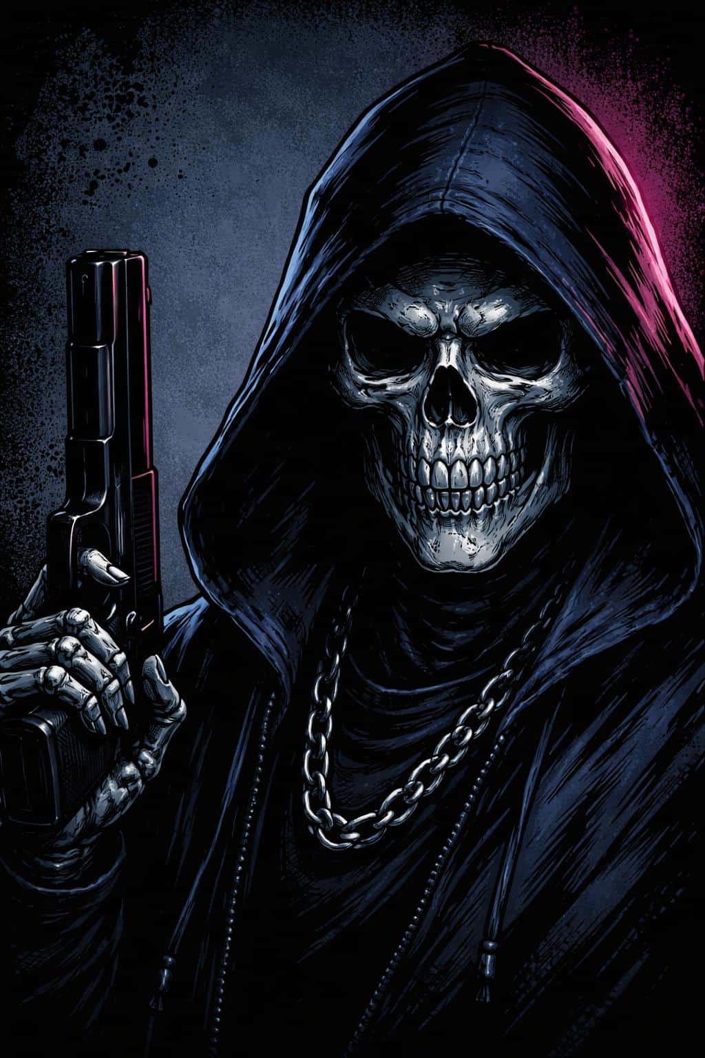 Close-up digital painting of a hooded skull figure holding a pistol, reproduced with exact composition and neon-magenta rim lighting for a poster-cover use.