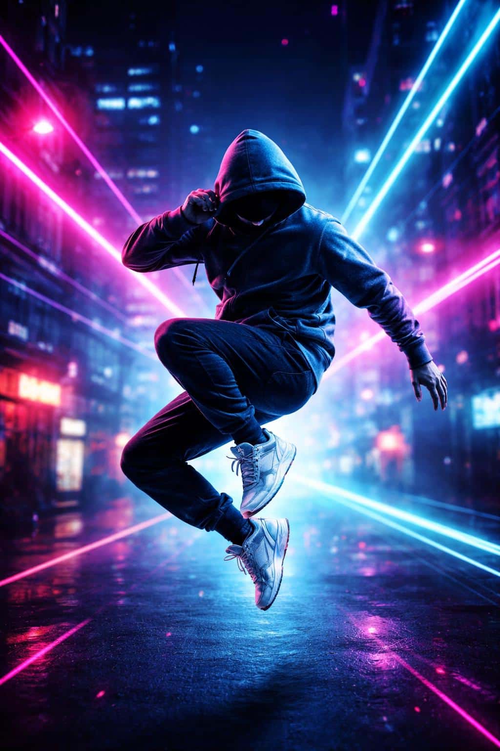 A neon-lit editorial portrait photograph of a mid-air hoodie jumper framed for a 2:3 poster, with dynamic neon geometry and deep cyan-magenta color contrast for a bold graphic look.