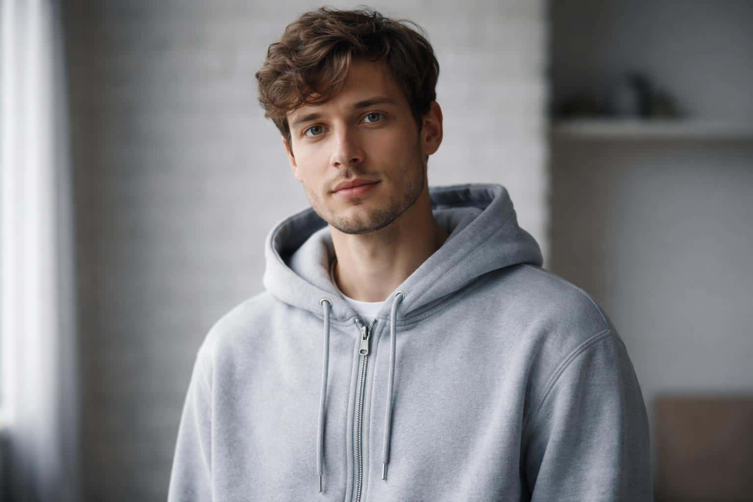 Close portrait photograph of a single subject in a clean hoodie, lit by soft daylight in an urban room setting, composed for social-post and editorial use.