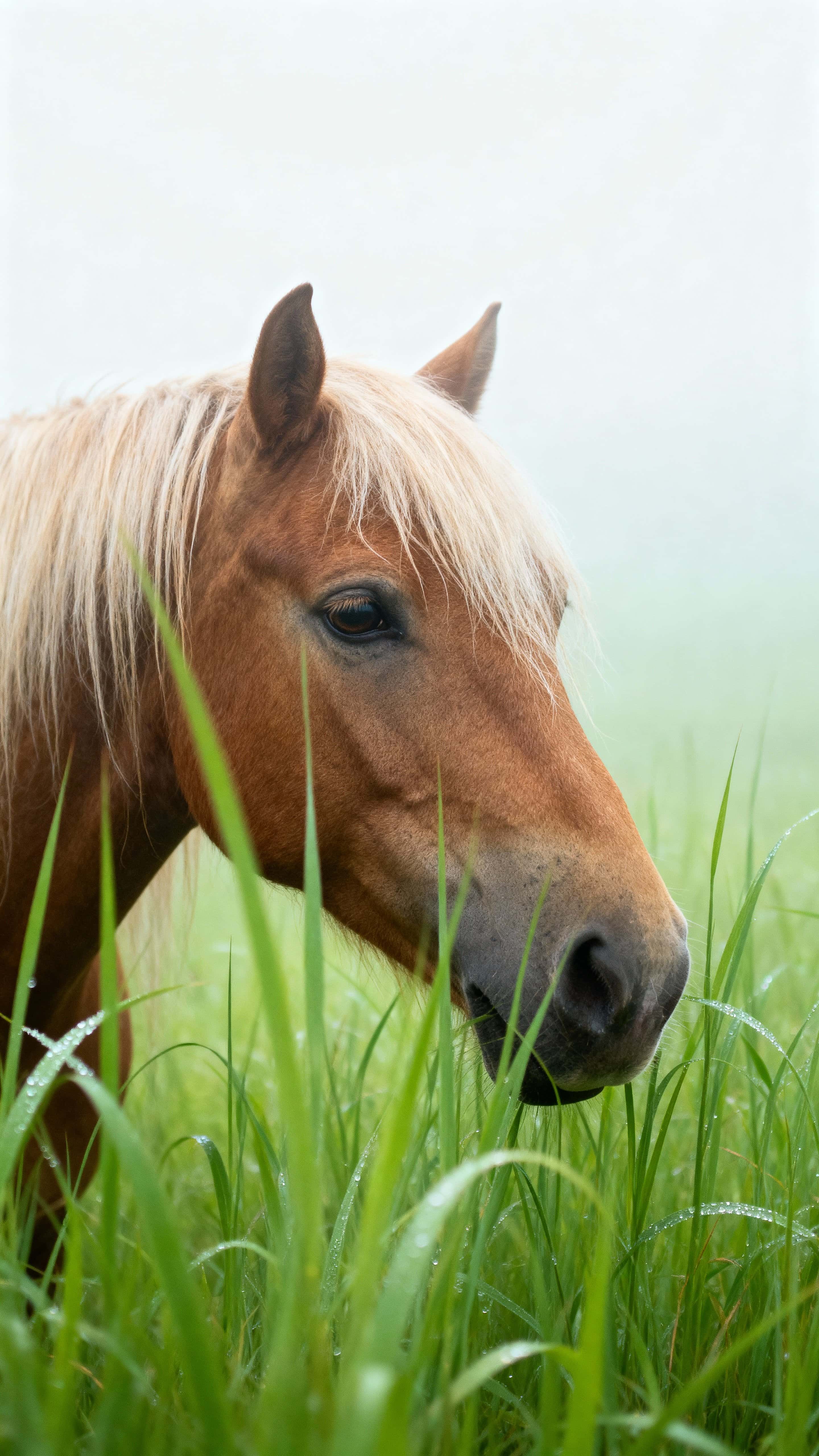 A serene horse emerges from tall green grass in a misty, dreamlike vertical scene with soft diffused green light, minimal composition, and immersive shallow focus.