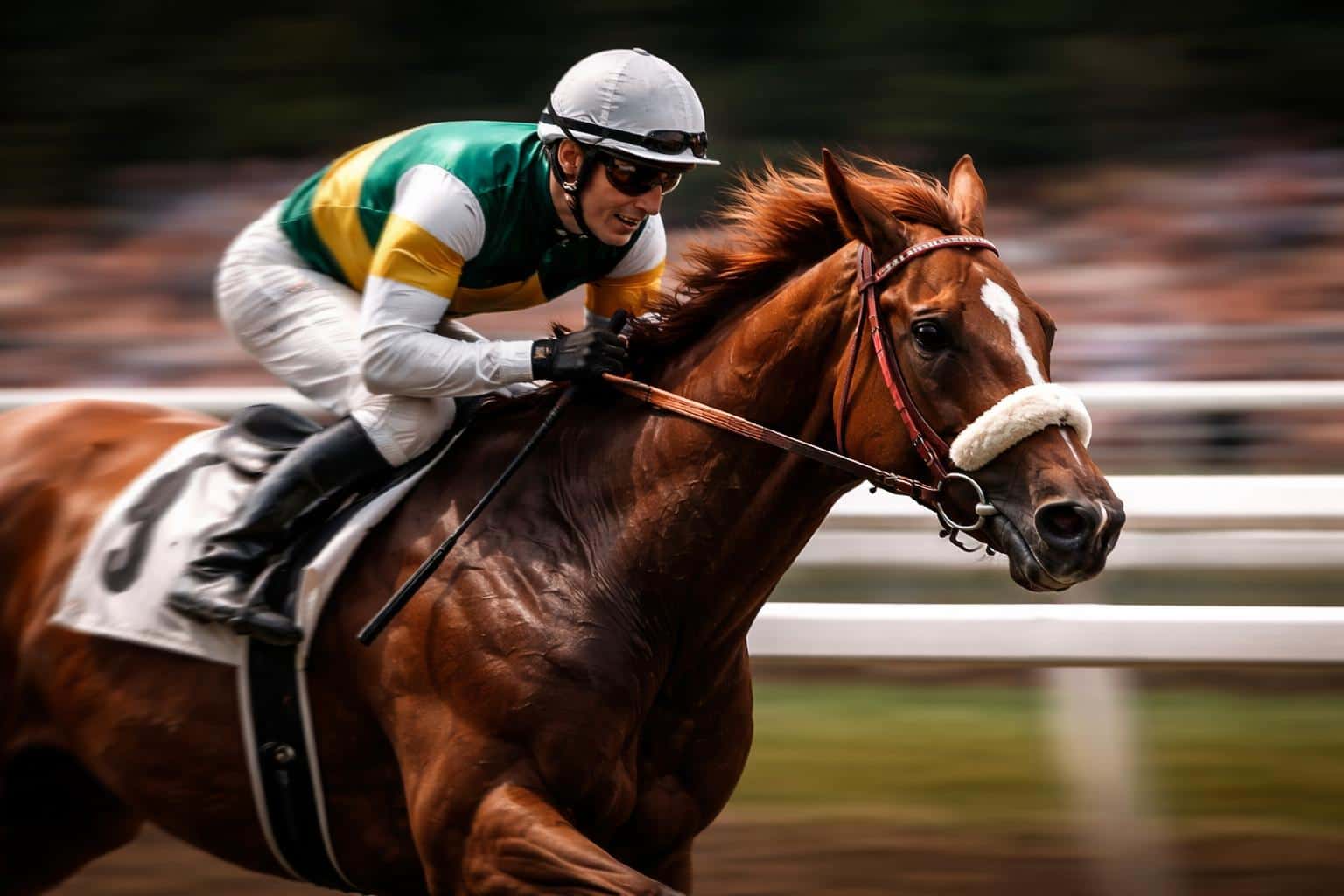 Wide 3:2 sports photograph of a leading chestnut horse and smiling jockey in a classic side pan, sharp faces with streaked rails and crowd, deep charcoal shadows and warm amber highlights.