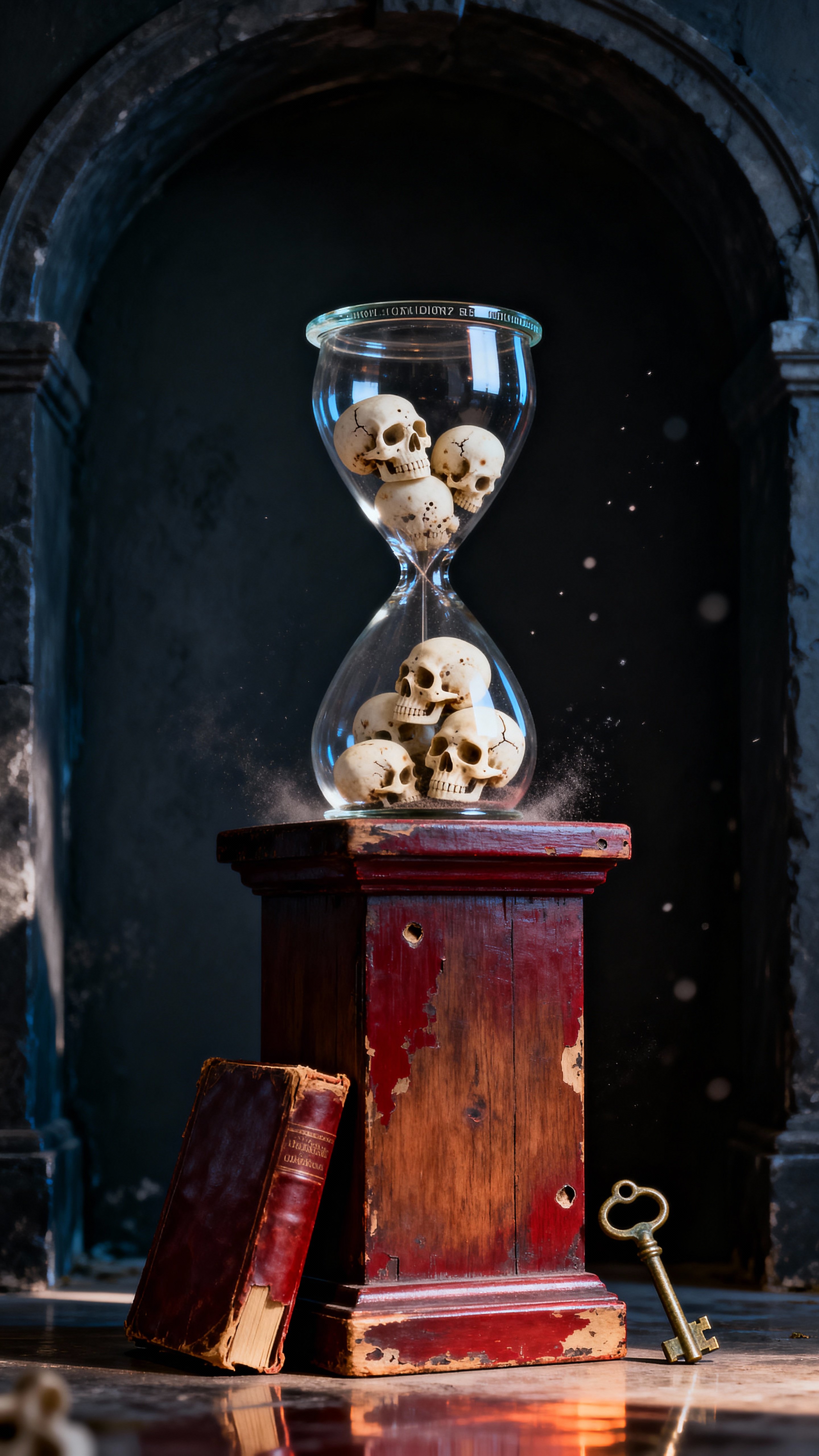 A glass hourglass where fine human skulls flow between bulbs instead of sand, arranged as a moody still-life for a dark vanitas poster or wallpaper.