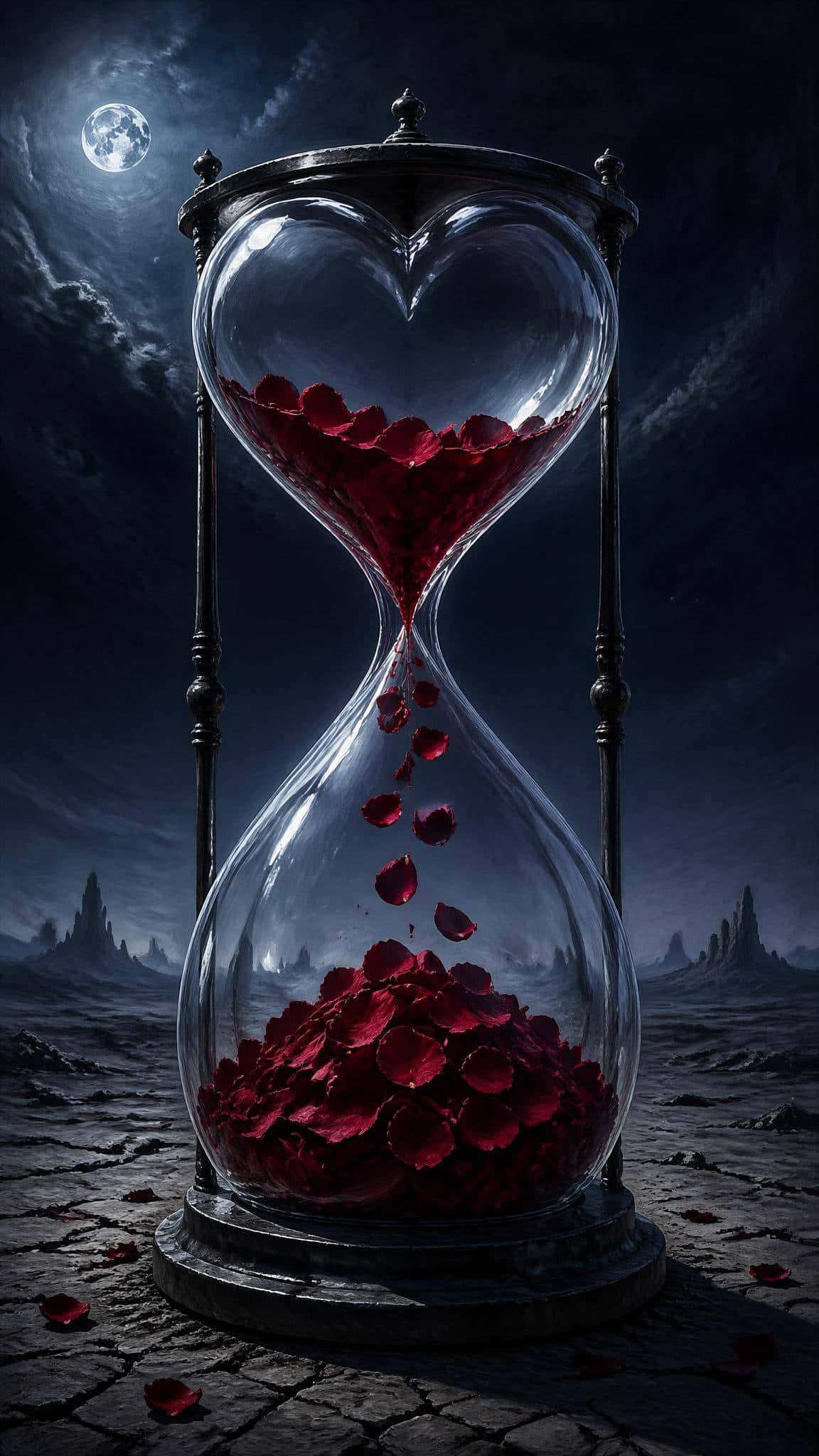 Surreal vertical hourglass with a glass heart and velvet-red rose petals cascading in a barren moonlit wasteland backdrop.