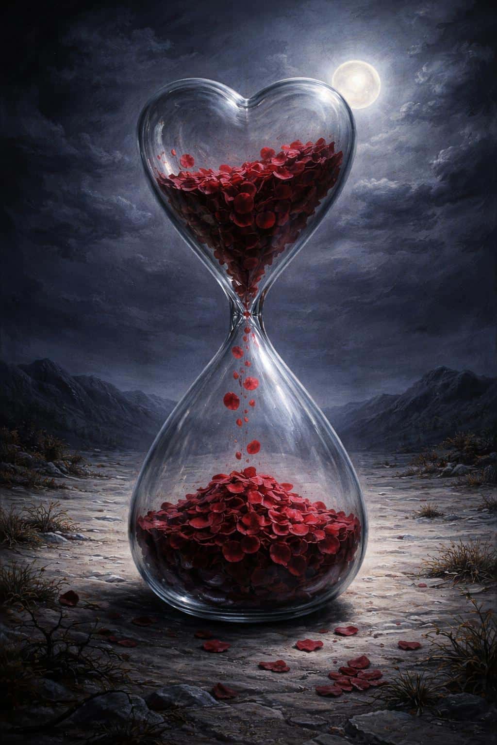 A surrealist oil portrait (2:3) of a towering hourglass with a glass-heart top spilling velvet-red rose petals into a deep pile across a moonlit barren plain.