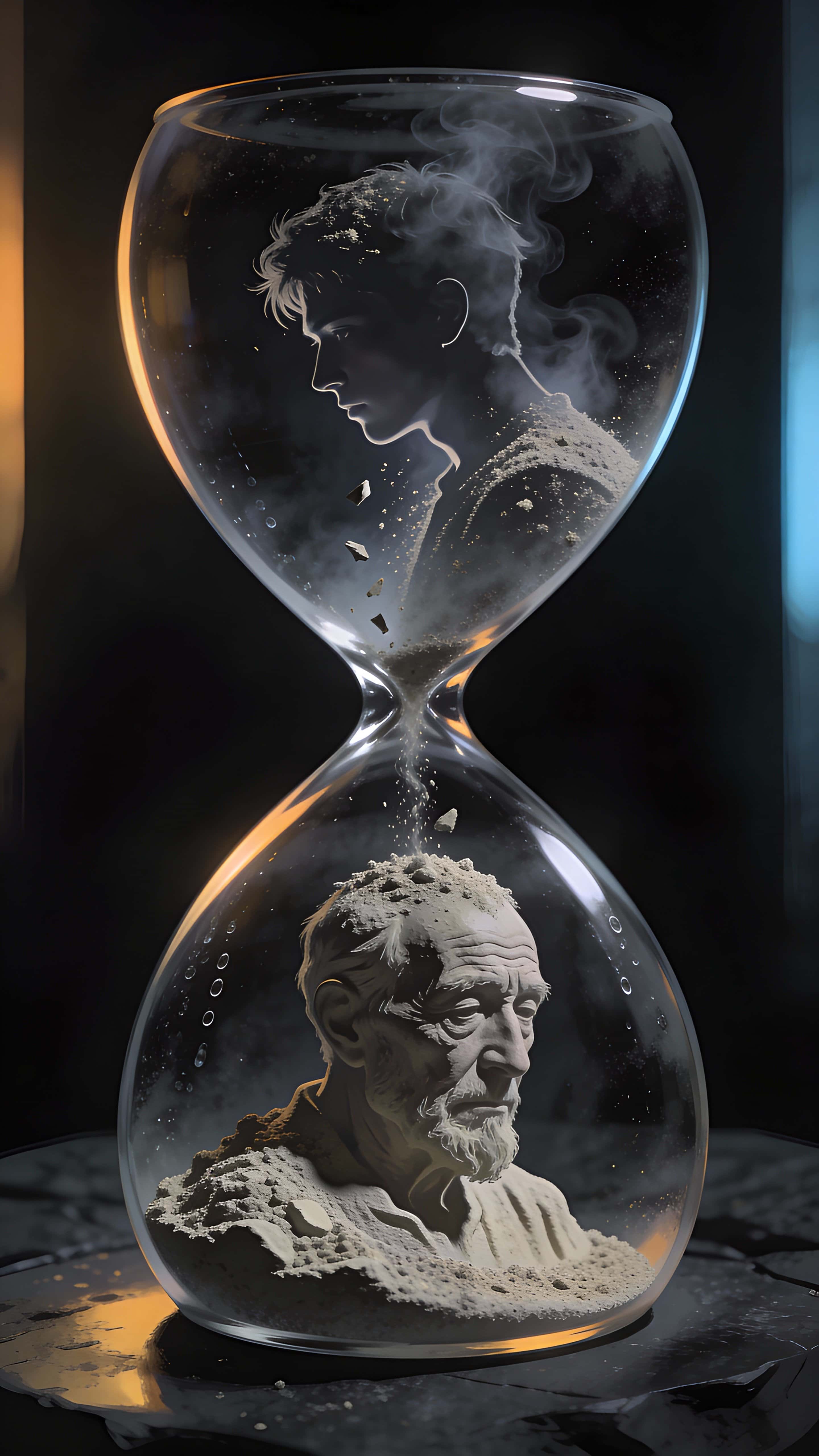 A vertical digital painting of a single hourglass on a dark surface, ashes in the top forming a young man and ashes collected below forming an old man, moody and symbolic.