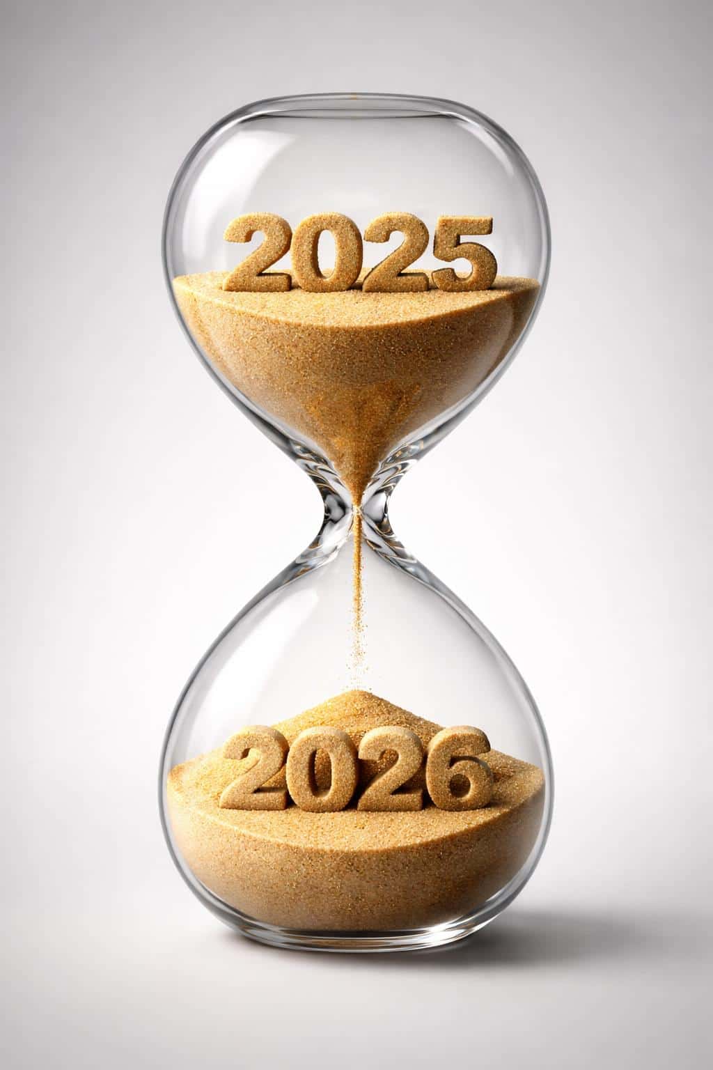 A photorealistic 3D render of an hourglass with sand flowing from 2025 to 2026, symbolizing the passage of time on a neutral studio background.