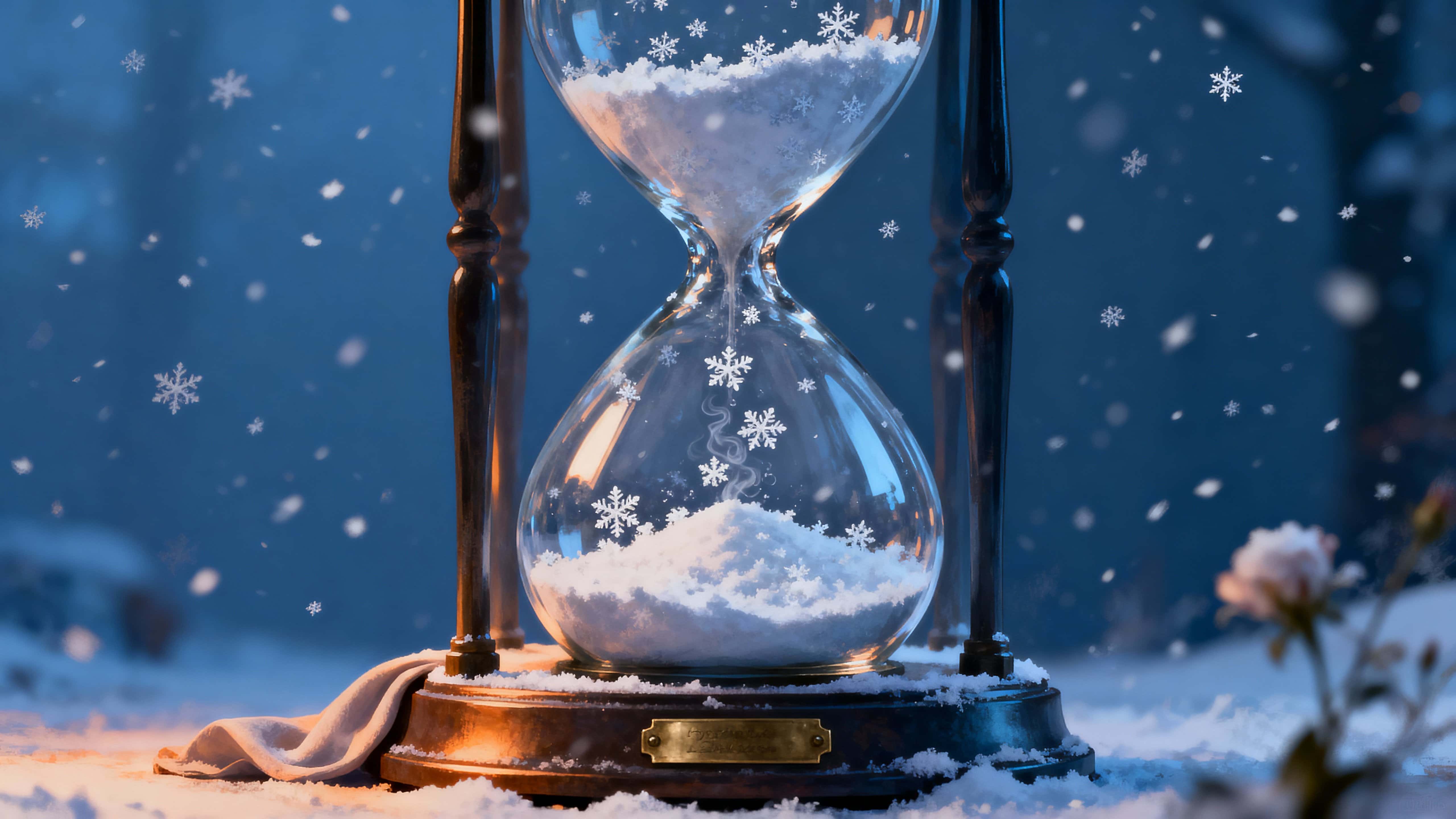 A monumental glass hourglass houses a slow snowfall within its bulbs, lit by cool blue and warm amber tones to create a serene, contemplative still life in a widescreen frame.