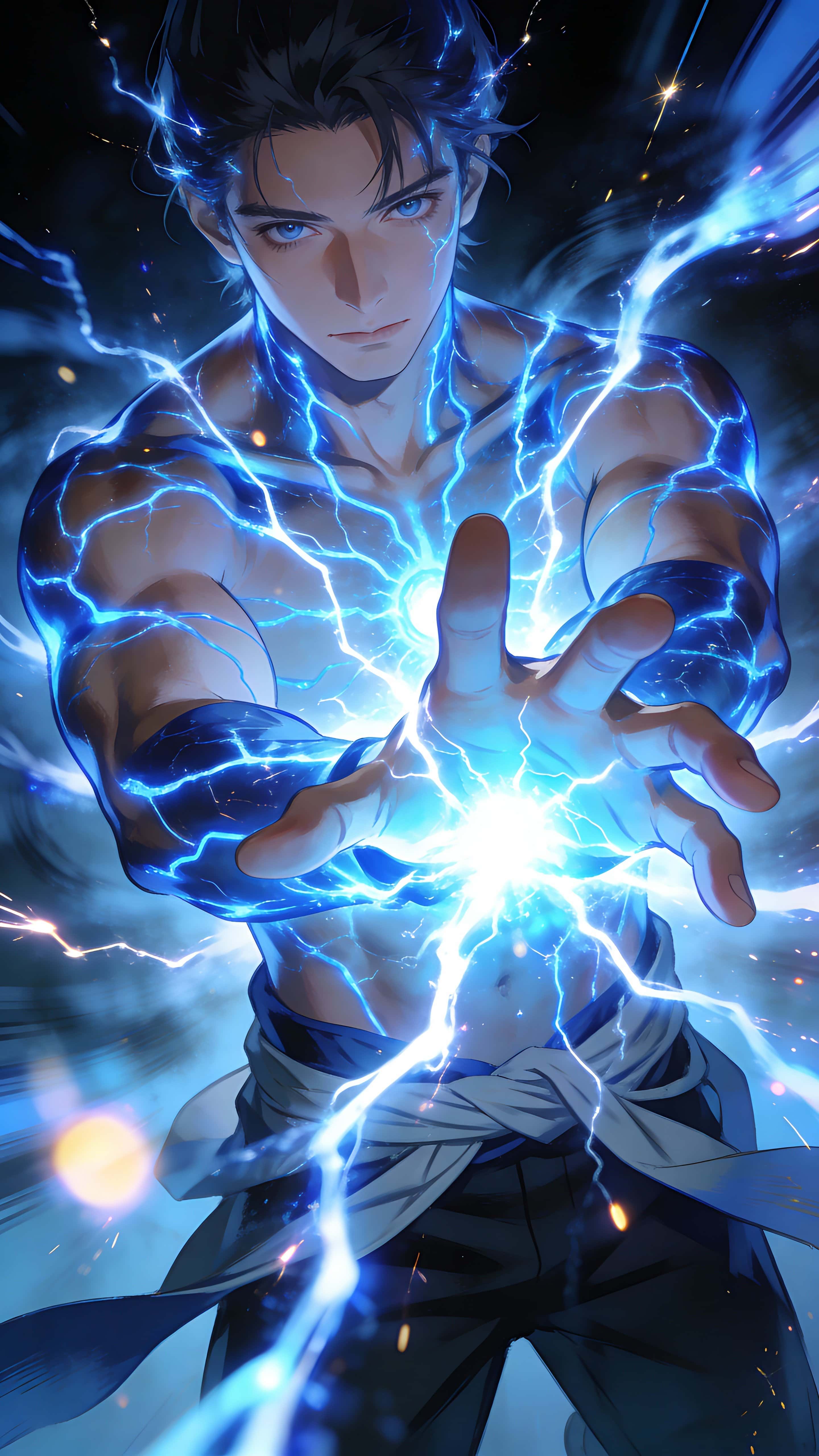 A solitary human channels pure electric energy with glowing blue veins and a crackling aura, intense illumination bursting from their hands, framed vertically in a 9:16 cinematic crop.