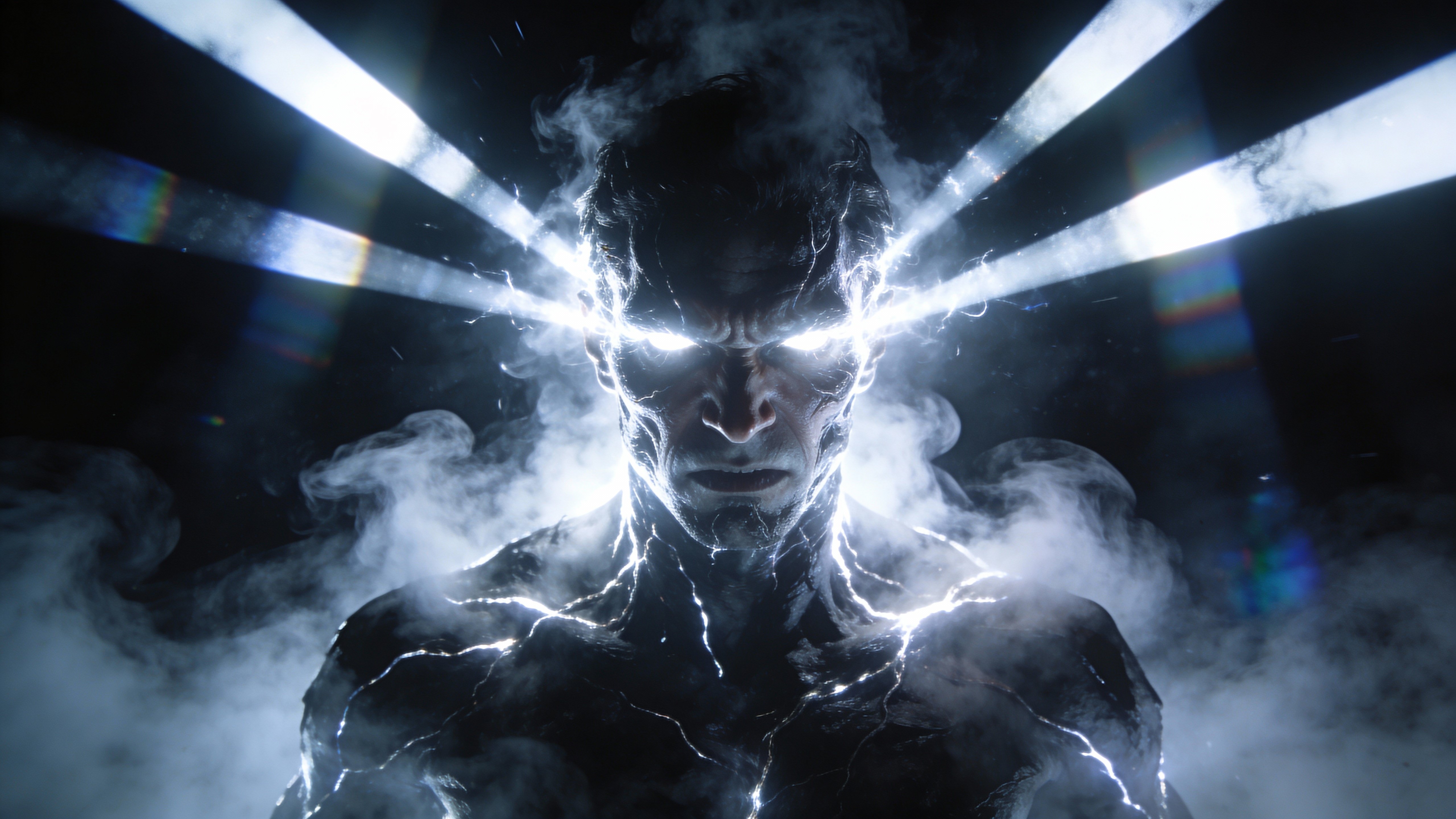 Cinematic 16:9 portrait of a human figure emerging from darkness in a tight mid-shot, eyes glowing with raw white energy as light beams pierce fog and dramatic shadows frame the transformation.