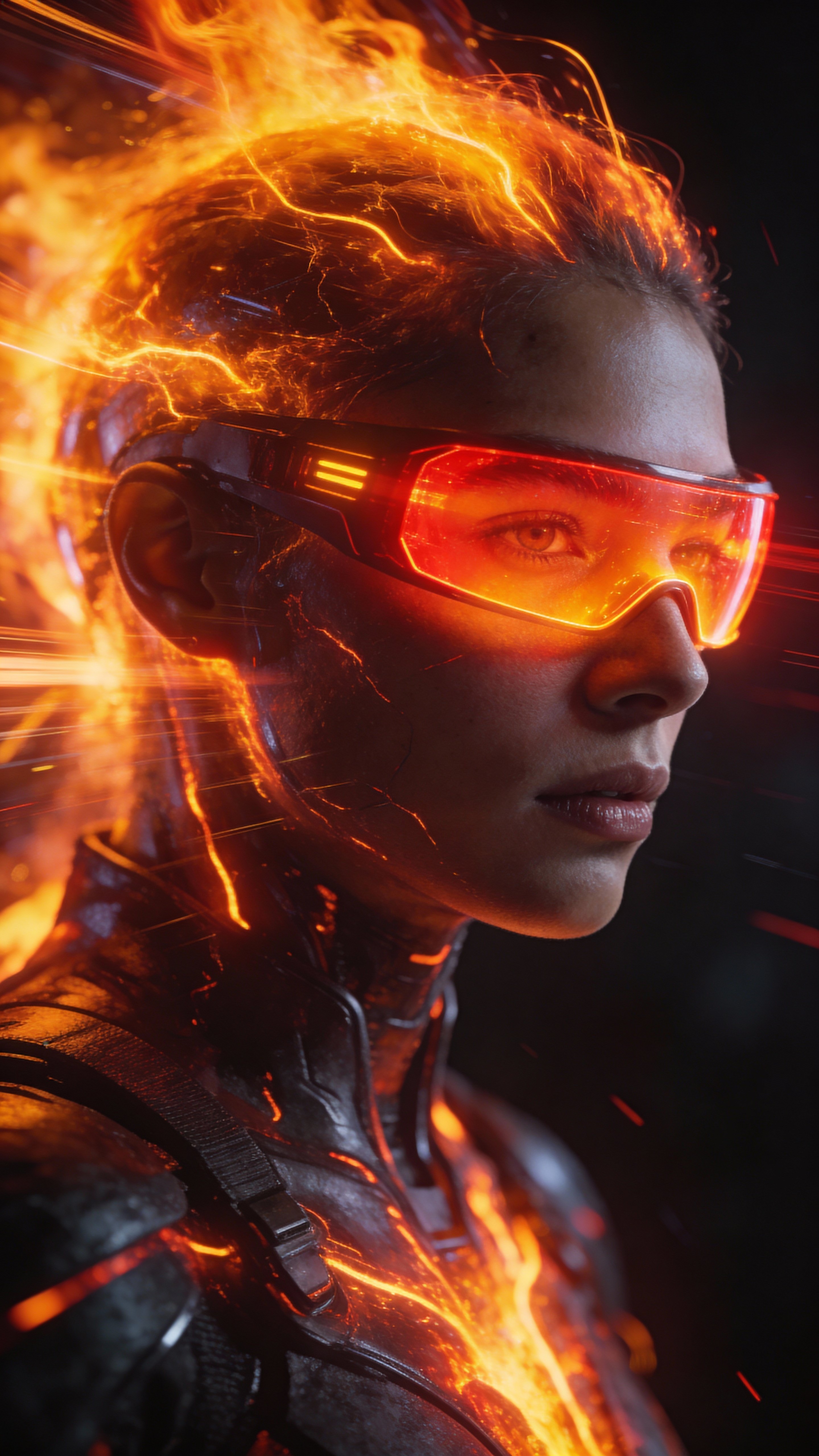 A sci-fi fantasy portrait of a human figure with fiery plasma streaming from the head and a glowing orange-red visor, intense motion trails, dark cinematic 9:16 crop, ultra-detailed realism.