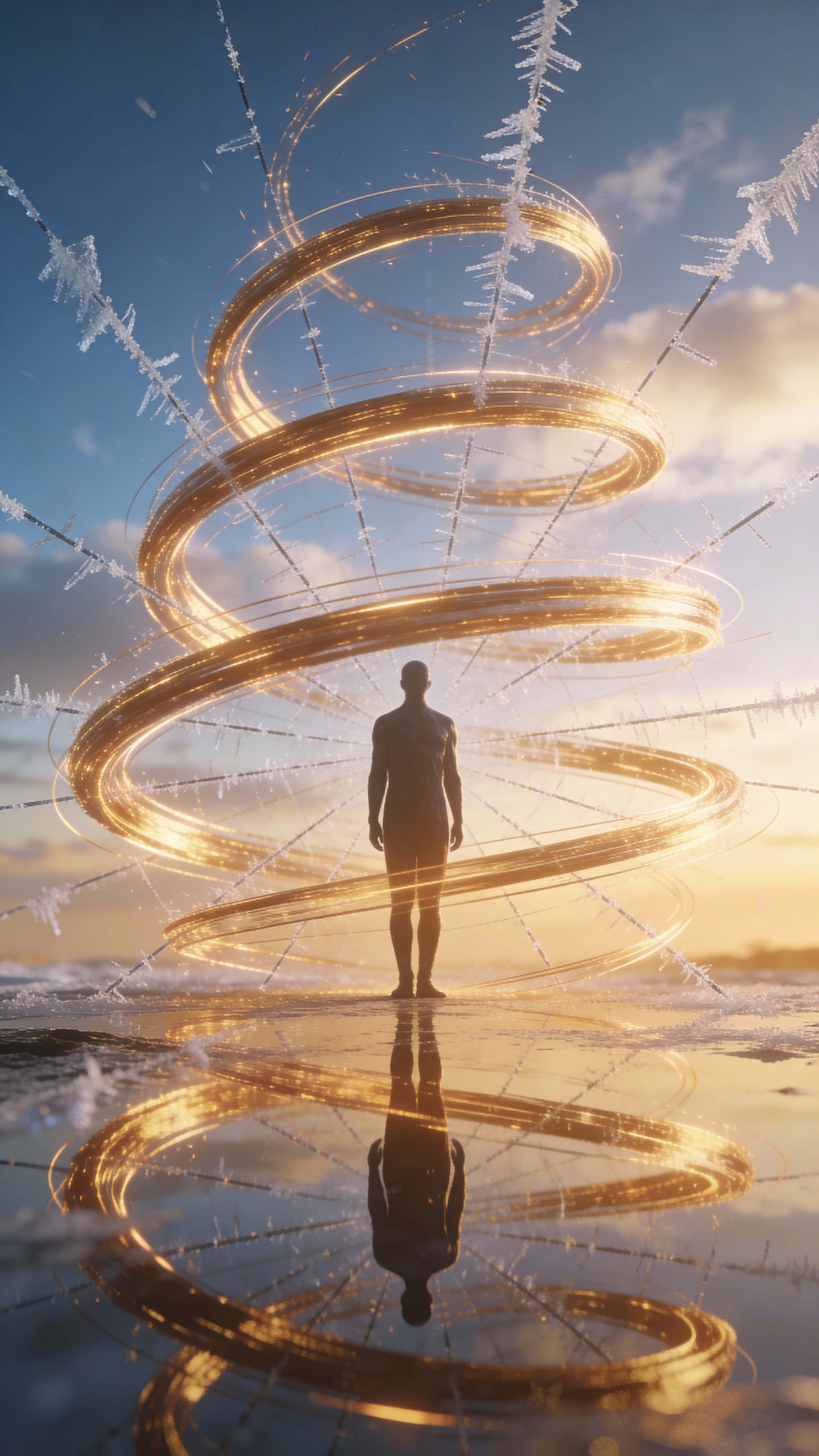 A solitary human stands on a reflective surface as swirling golden time trails arc across a twilight sky, frozen motion lines evoking a philosophical, cinematic stillness.