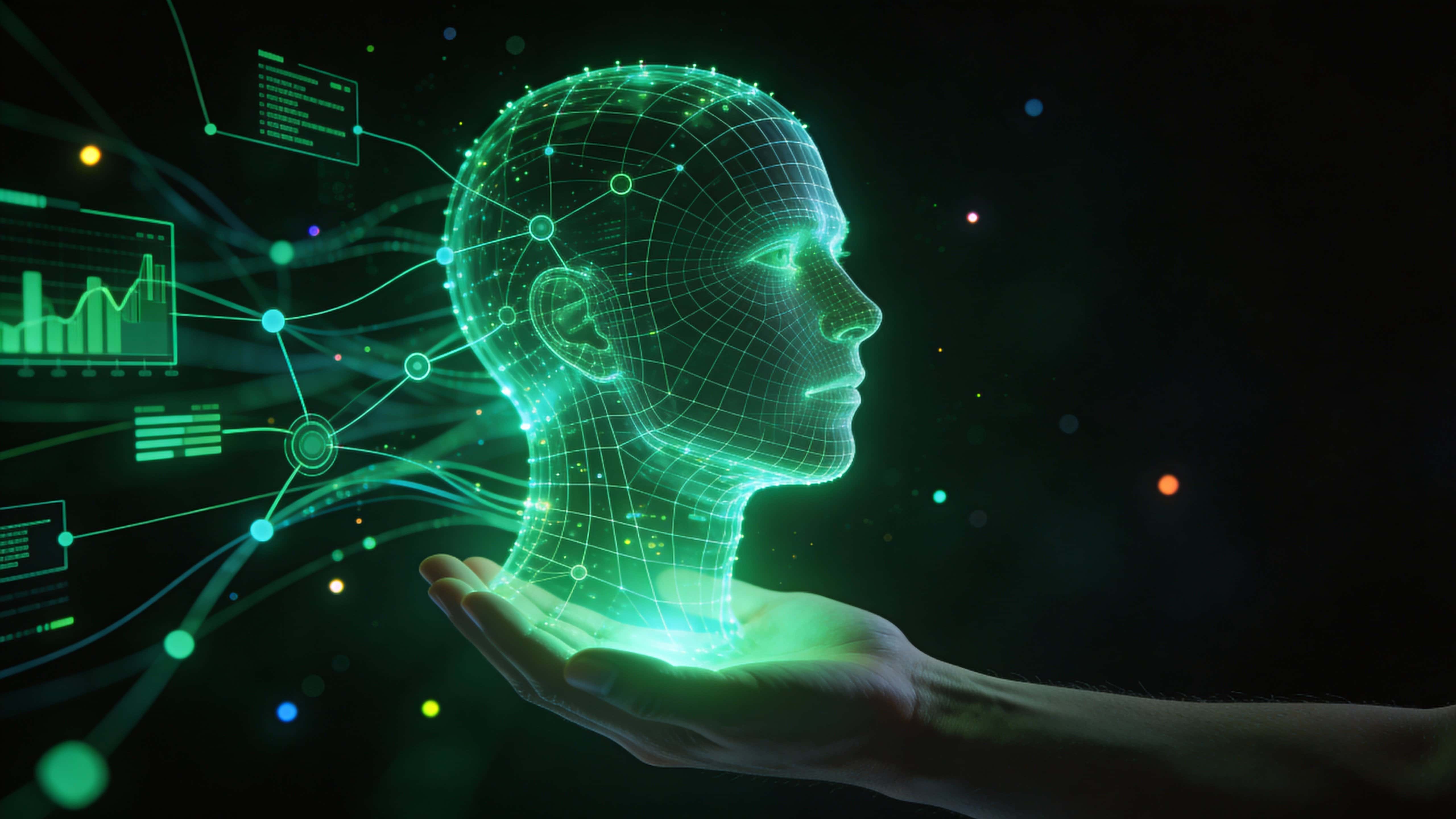 A human hand supports a luminous, partially transparent digital head formed from fine grid lines and emerald light, with flowing data nodes and glowing particles against near-black surroundings.