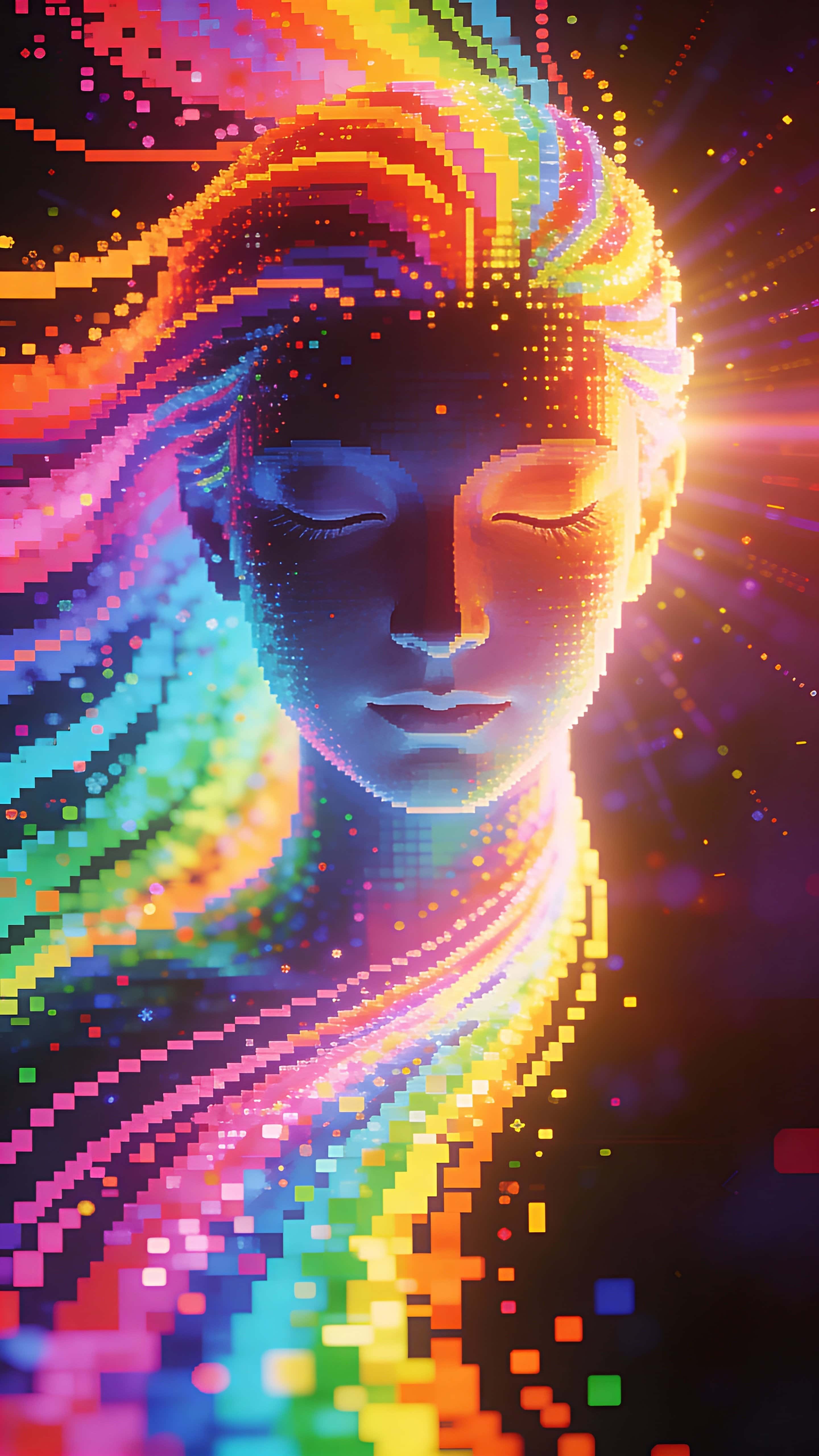A stylized abstract human head formed from vibrant rainbow particles with closed eyes in tranquil meditation, framed in a vertical 9:16 close-up crop with a flowing halo.