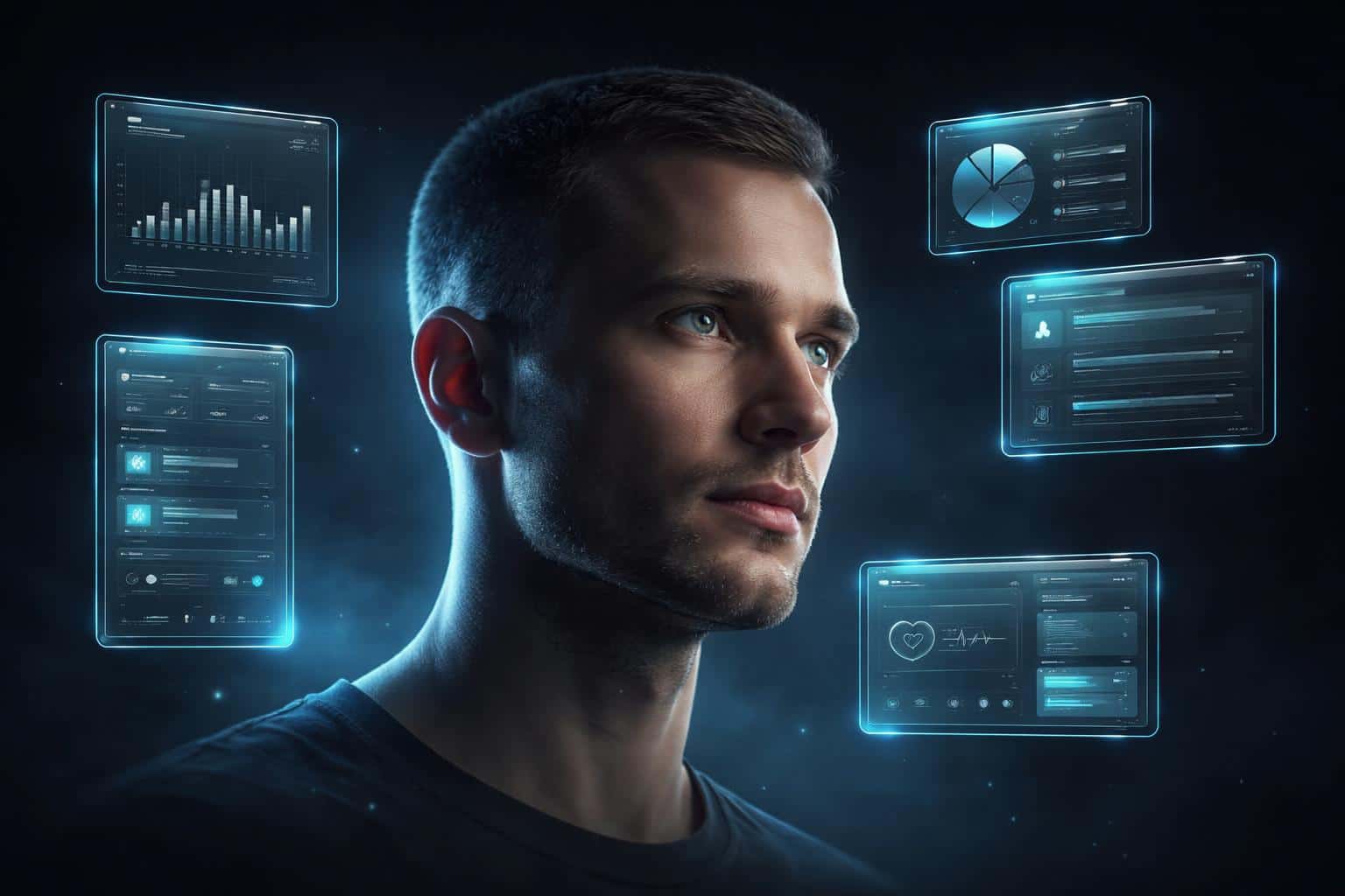 Close-up 3D-render of a human head encircled by translucent glass UI panels, low-key neon rim lighting and shallow depth for a poster-cover or wallpaper in 3:2 format.