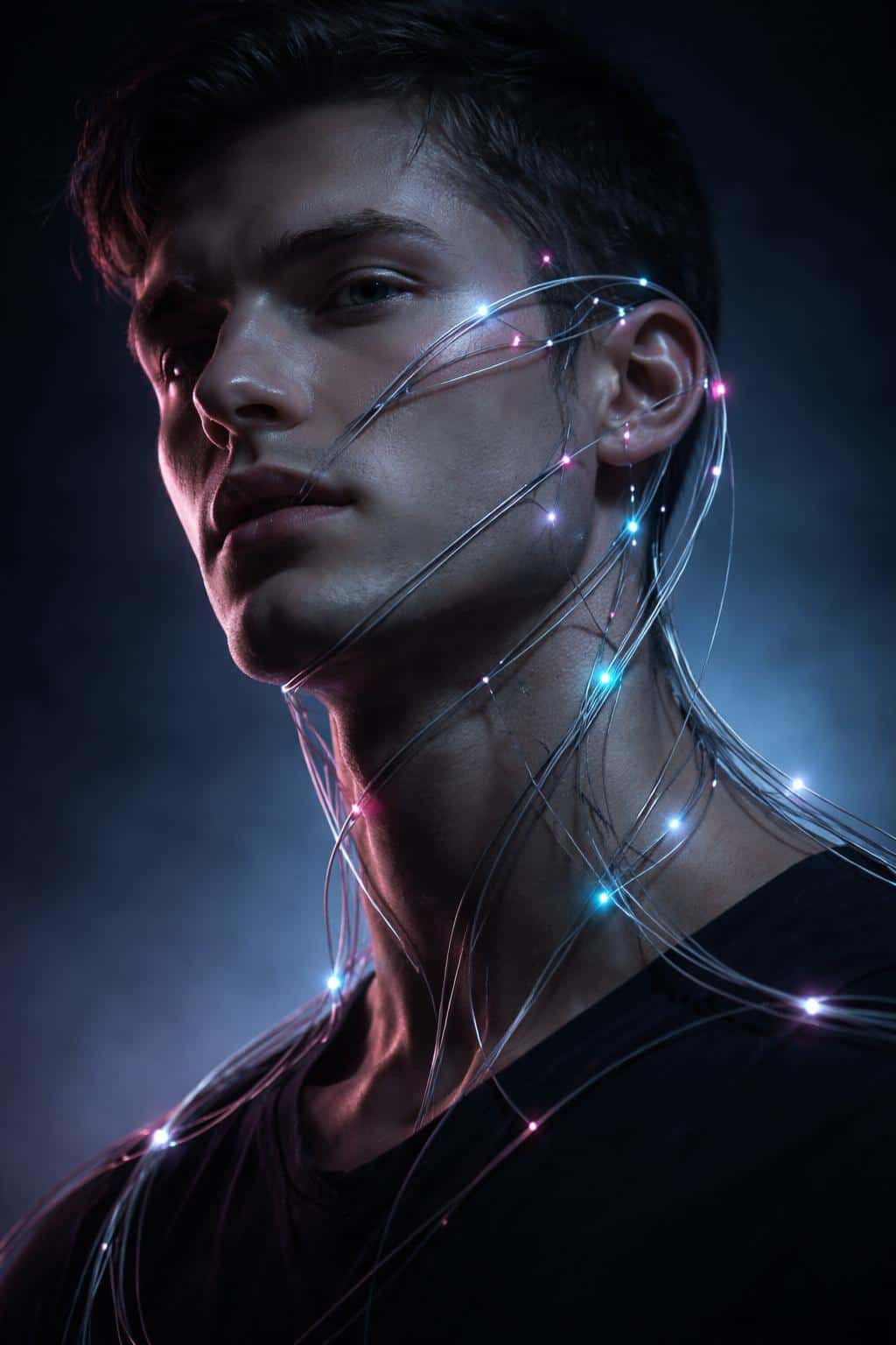 Digital-painting portrait of a human wrapped in thin glowing wires to convey data overload, composed and cropped for a 2:3 portrait layout suitable as a poster-cover image.