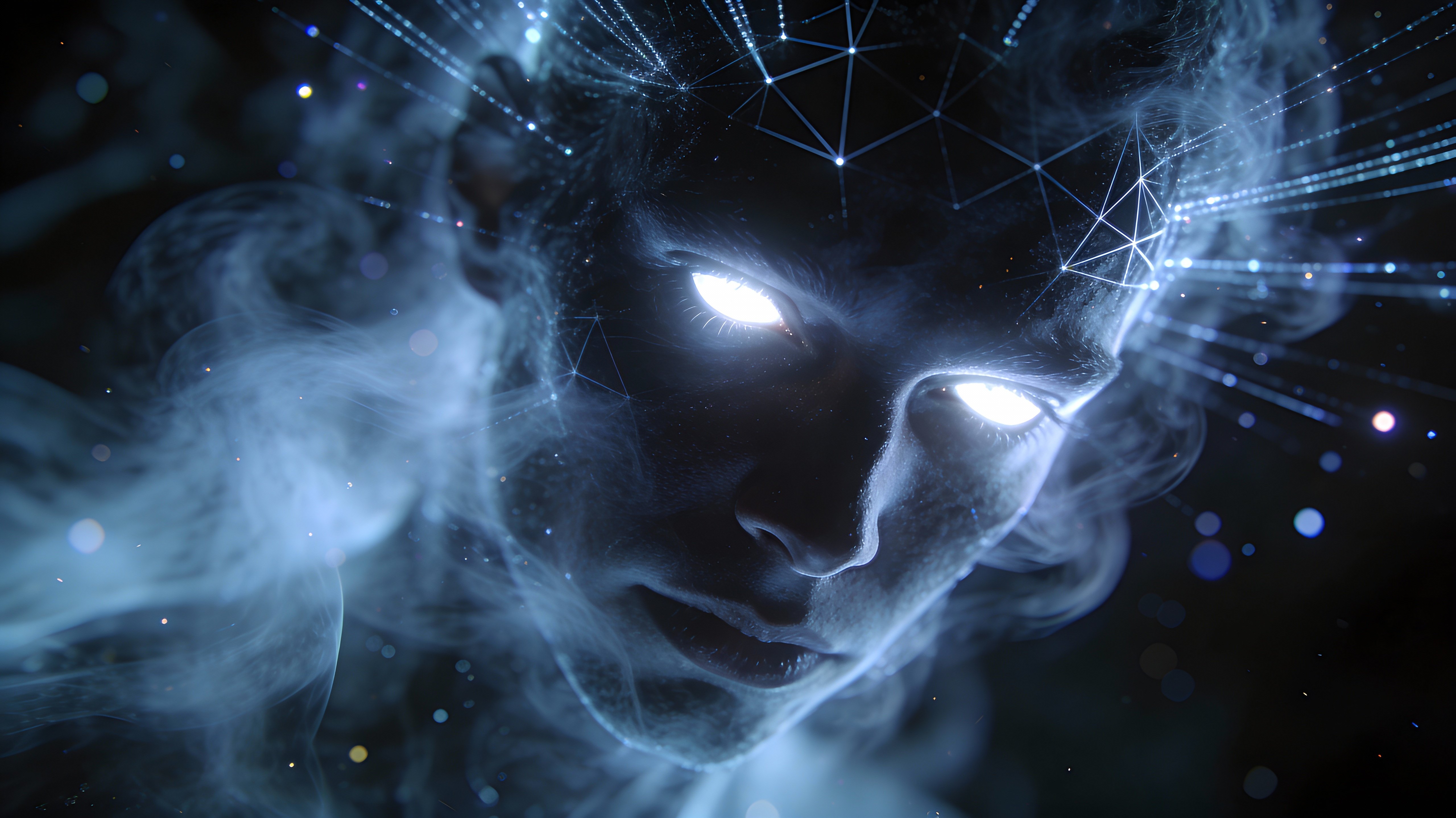 A surreal cinematic portrait of a human face dissolving into inky darkness, eyes emitting pure white light amid dreamlike fog and abstract energy glow, evoking an emotional sci-fi mood.
