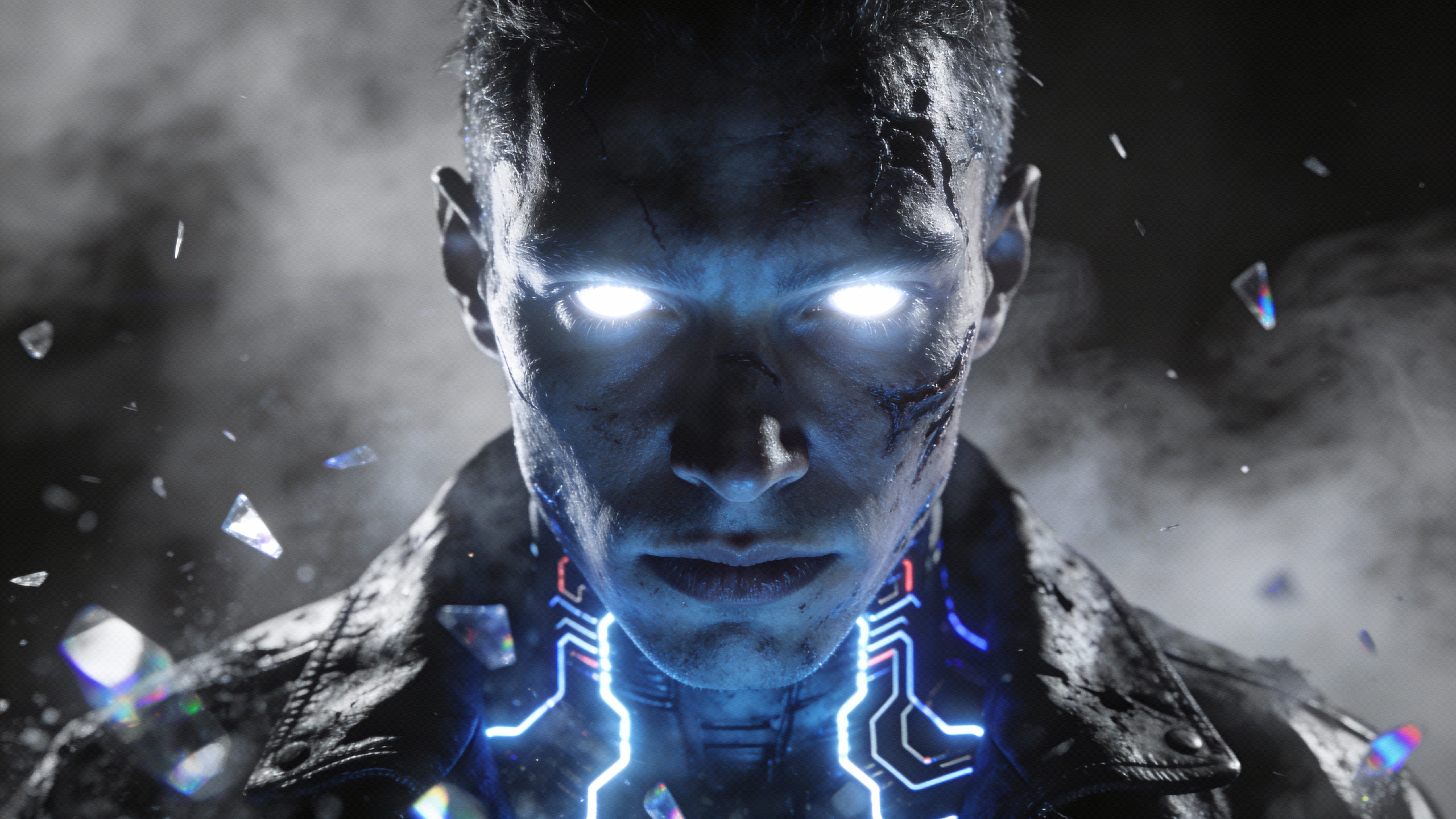 Close-up futuristic human portrait framed in 16:9, face illuminated by cold blue ambient light with glowing white eyes and thin fog, creating a cinematic sci-fi mood.