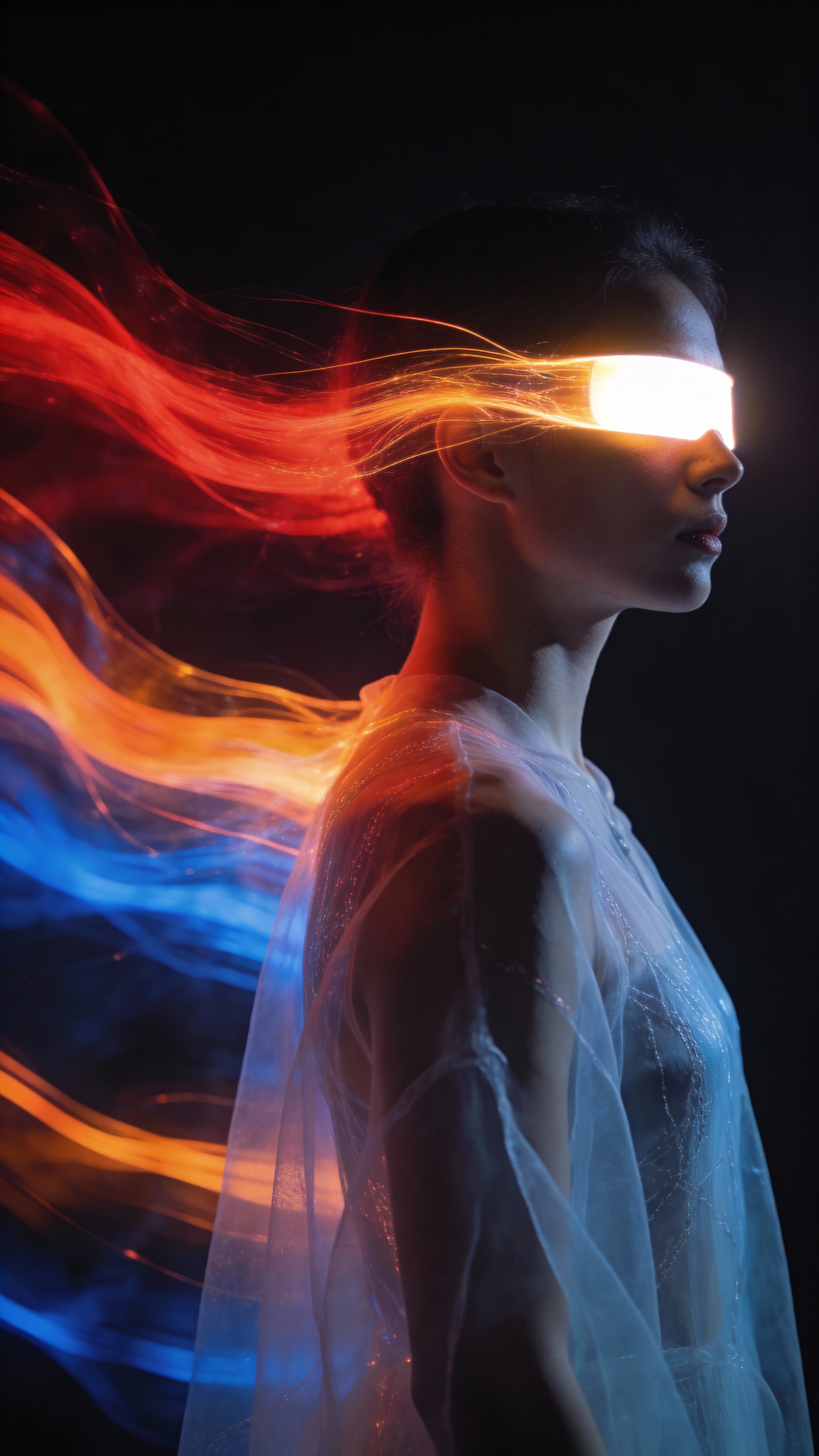 Ultra-realistic side-profile portrait of a human whose face partially dissolves into flowing luminous energy streams with a glowing visor, red‑orange‑blue trails, translucent fabric, and a dark minimal background in moody cinematic lighting