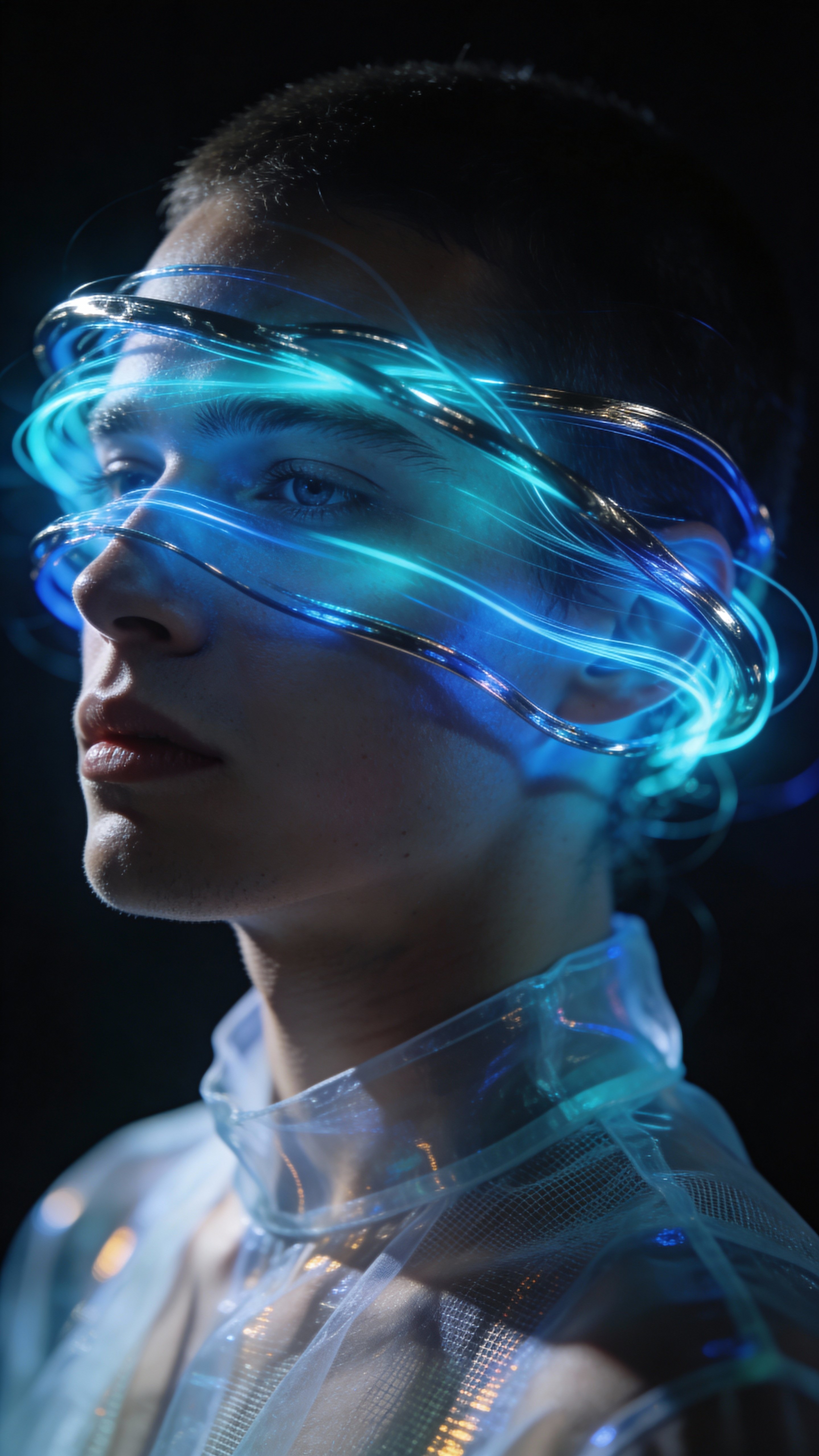 A futuristic surreal portrait of a human profile where the face is replaced by glowing blue and cyan energy streams, wearing transparent fabric against a dark sci-fi atmosphere.