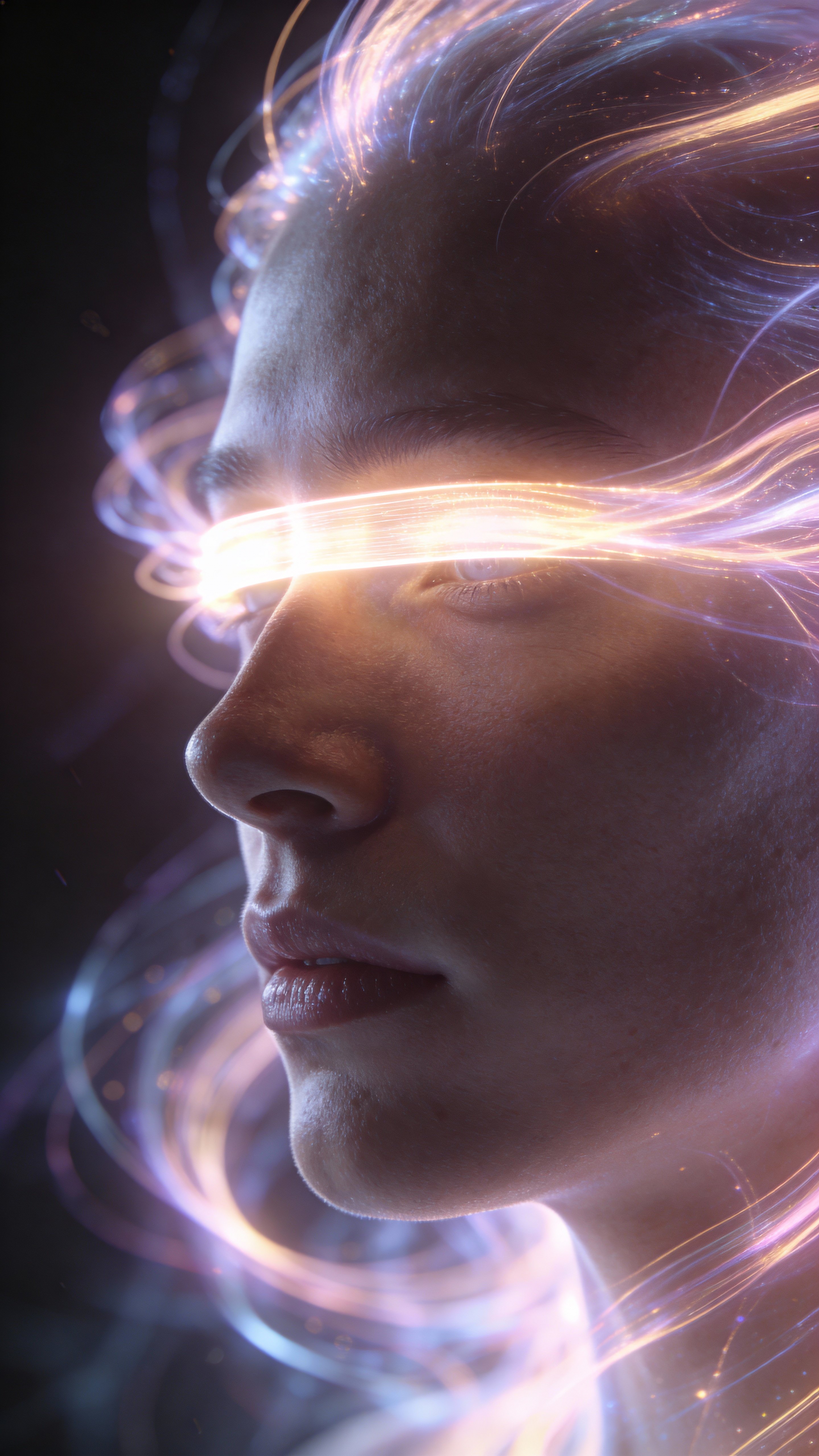 A conceptual sci-fi portrait of a human profile against a dark cosmic backdrop, thoughts visualized as flowing luminous energy and a glowing band across the eyes, vertical 9:16 close crop on head and shoulders.
