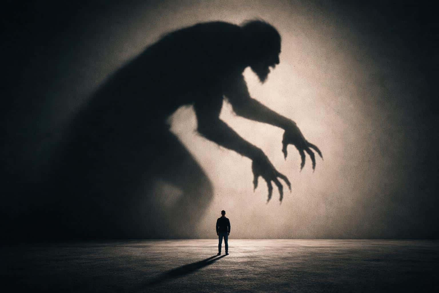 A 3:2 fine-art photographic study of a human shadow stretched into a monster silhouette, low-key cinematic lighting and graphic negative space designed for poster-cover use.