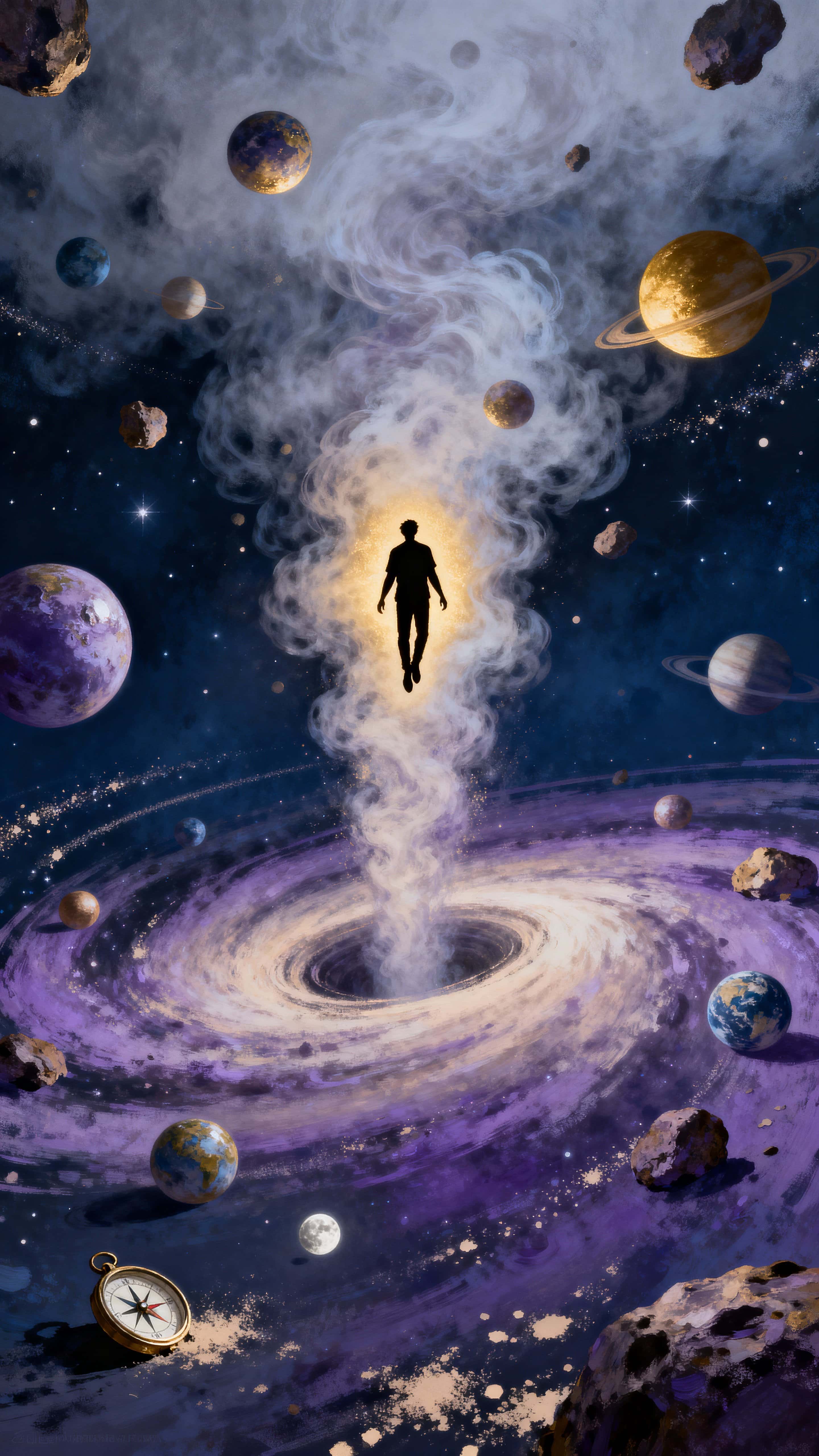 A lone human silhouette tumbles into a vertical funnel of orbiting planets, stardust and nebula smoke, framed for a dramatic 9:16 portrait that feels cosmic and intimate.