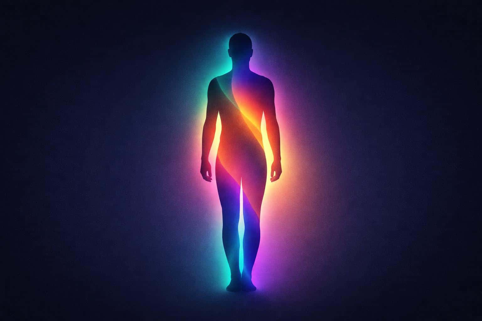 Human silhouette as a digital-painting with animated-style moving gradients, composed for a 3:2 wallpaper layout with soft glow and subtle texture for screens.