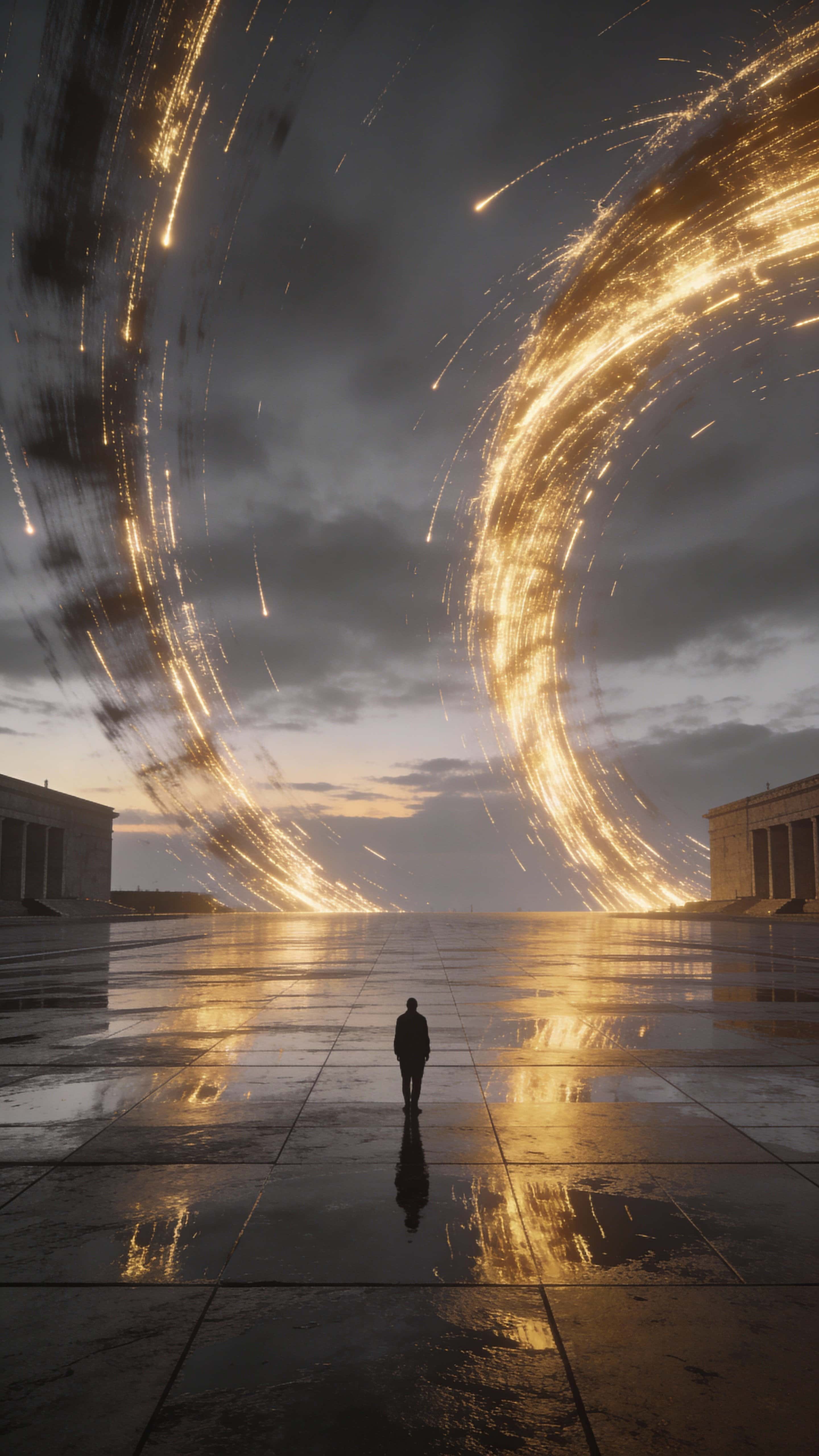 A lone human silhouette stands on a vast wet reflective plaza at dusk as massive golden light trails sweep across the gray sky, mirrored on the glossy ground.