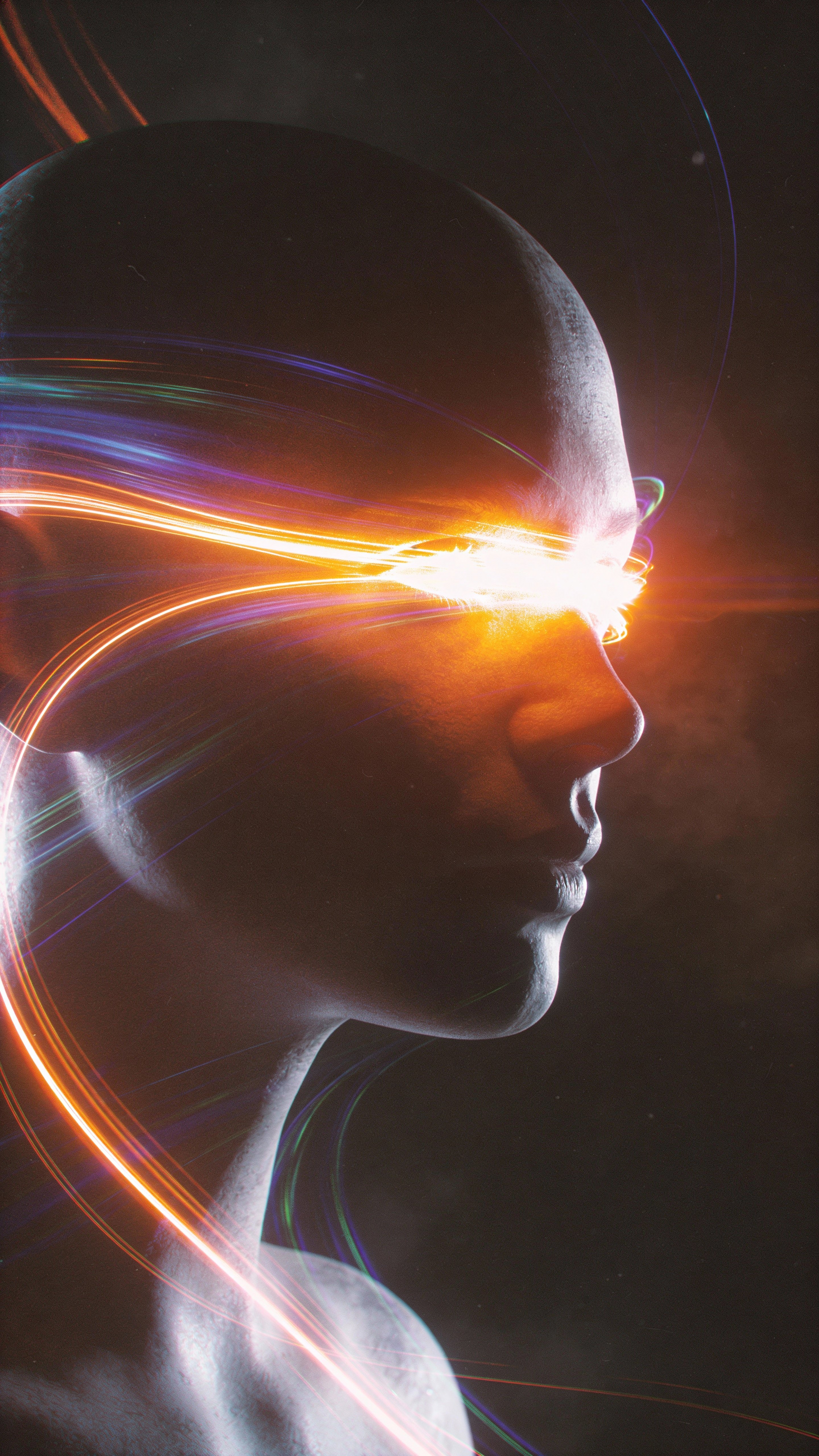 A vertical 9:16 digital painting of a human profile dissolving into flowing light ribbons, glowing eye-band and motion-blurred energy trails in a dark, cinematic atmosphere.