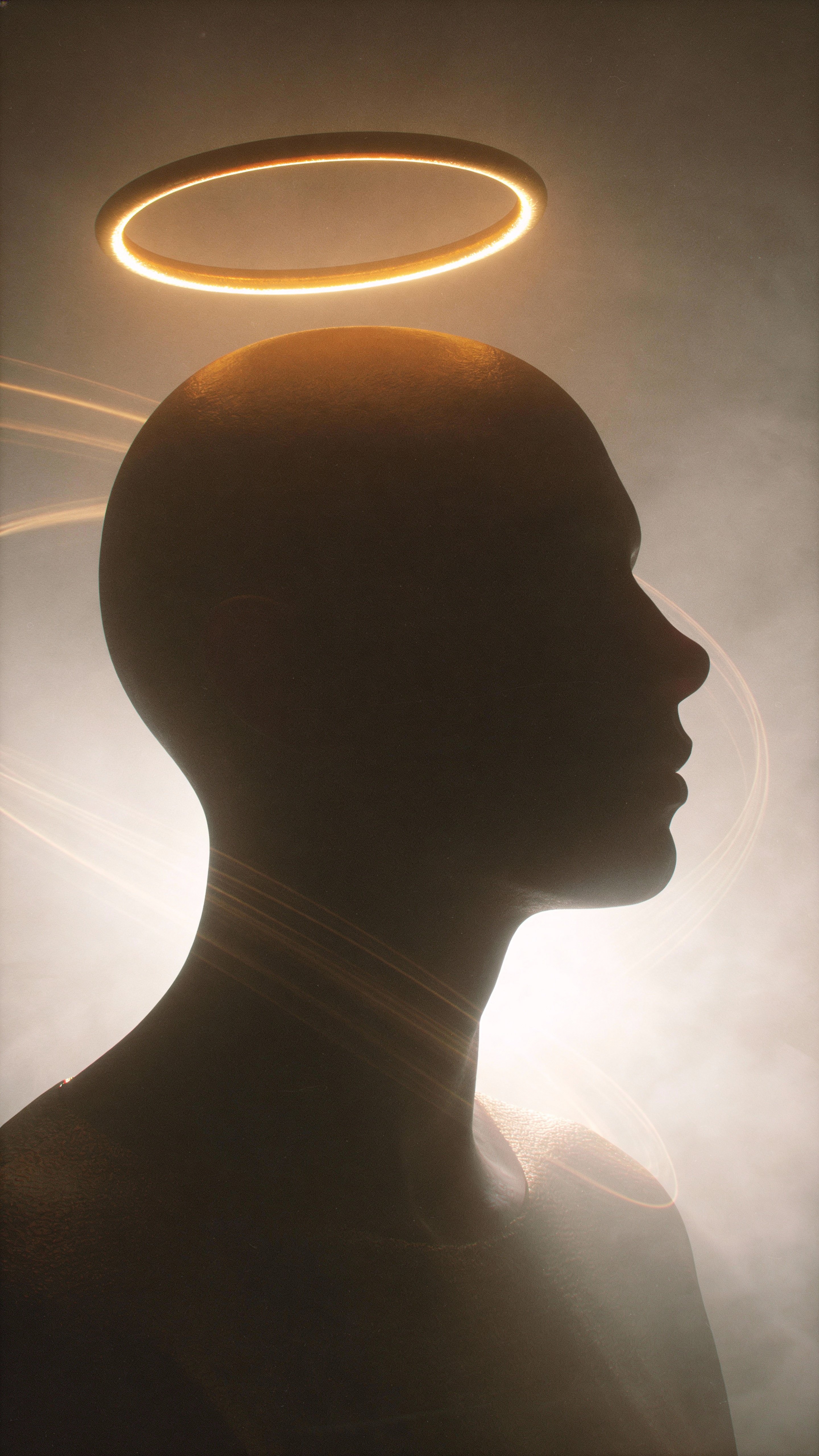 A vertical 9:16 scene of a dark human silhouette seated in meditation beneath a soft, floating golden halo with gentle energy streams and subtle fog, creating a calm mystical atmosphere with cinematic realism.