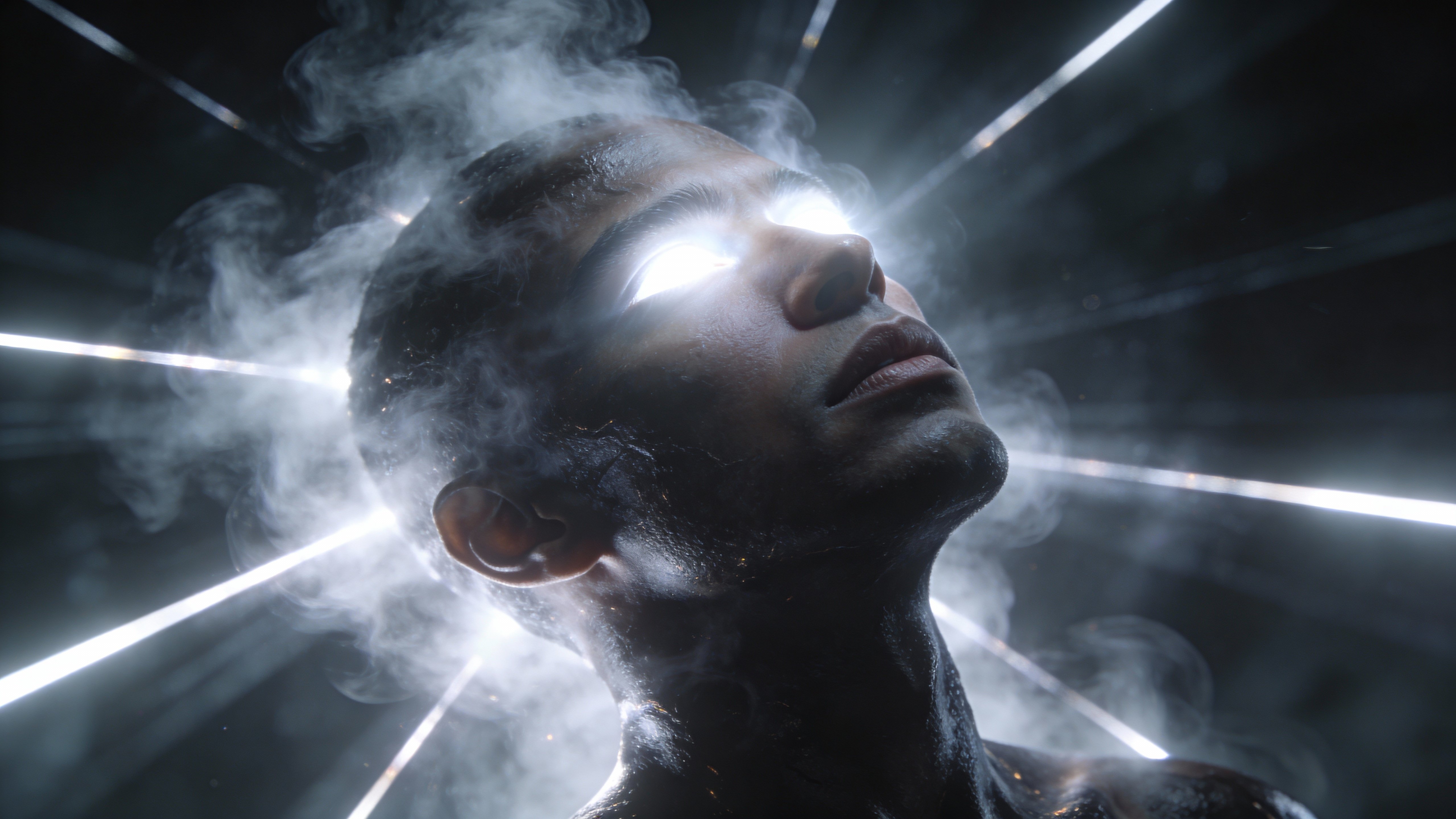 A human face tilted upward in a 16:9 head-and-shoulders portrait, eyes replaced by blinding white light surrounded by mist and volumetric beams, cinematic ultra-detailed skin.