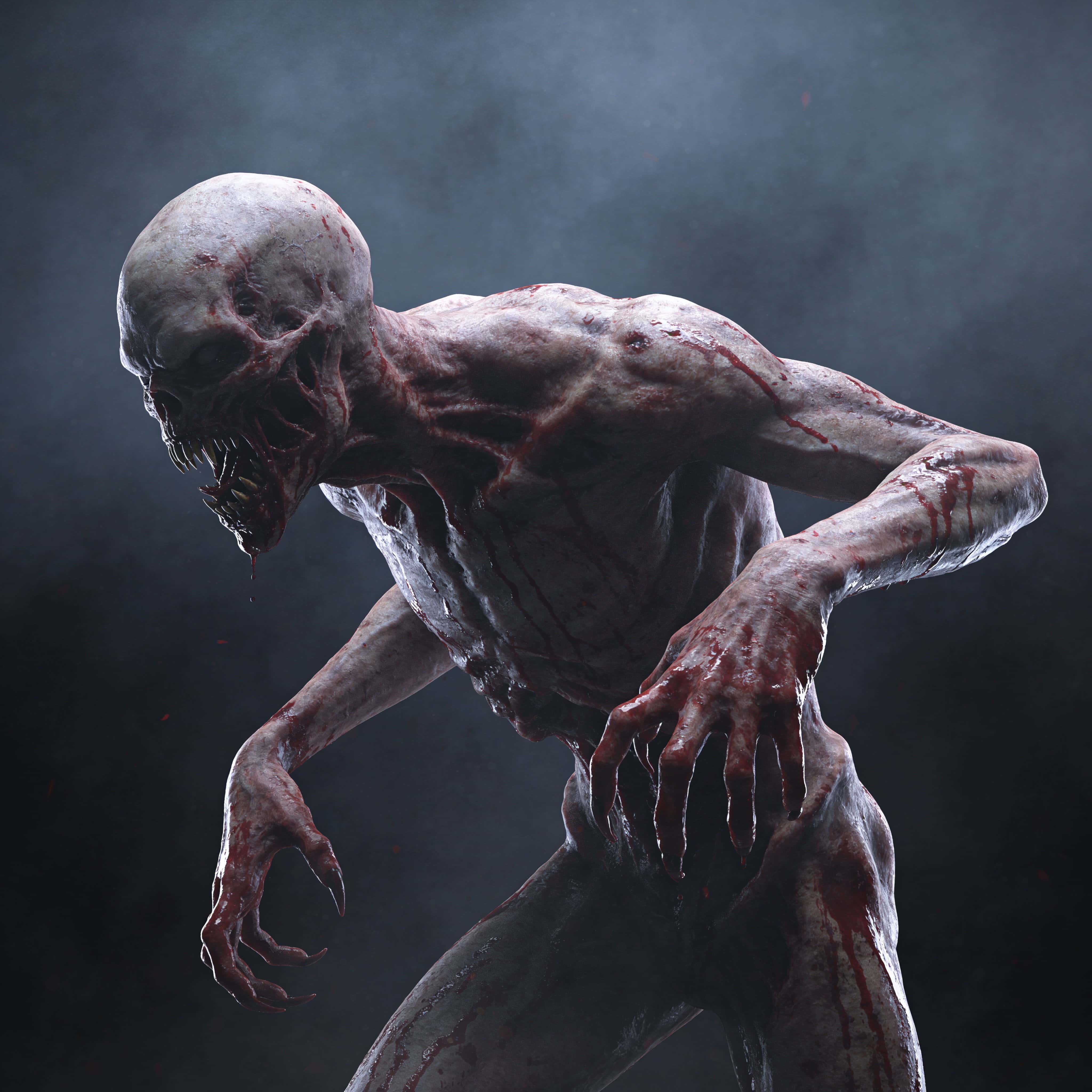 Close-cropped square portrait of a blood-smeared, clearly non-human humanoid monster against a dark, foggy background with high-contrast realistic skin texture and cinematic atmosphere.
