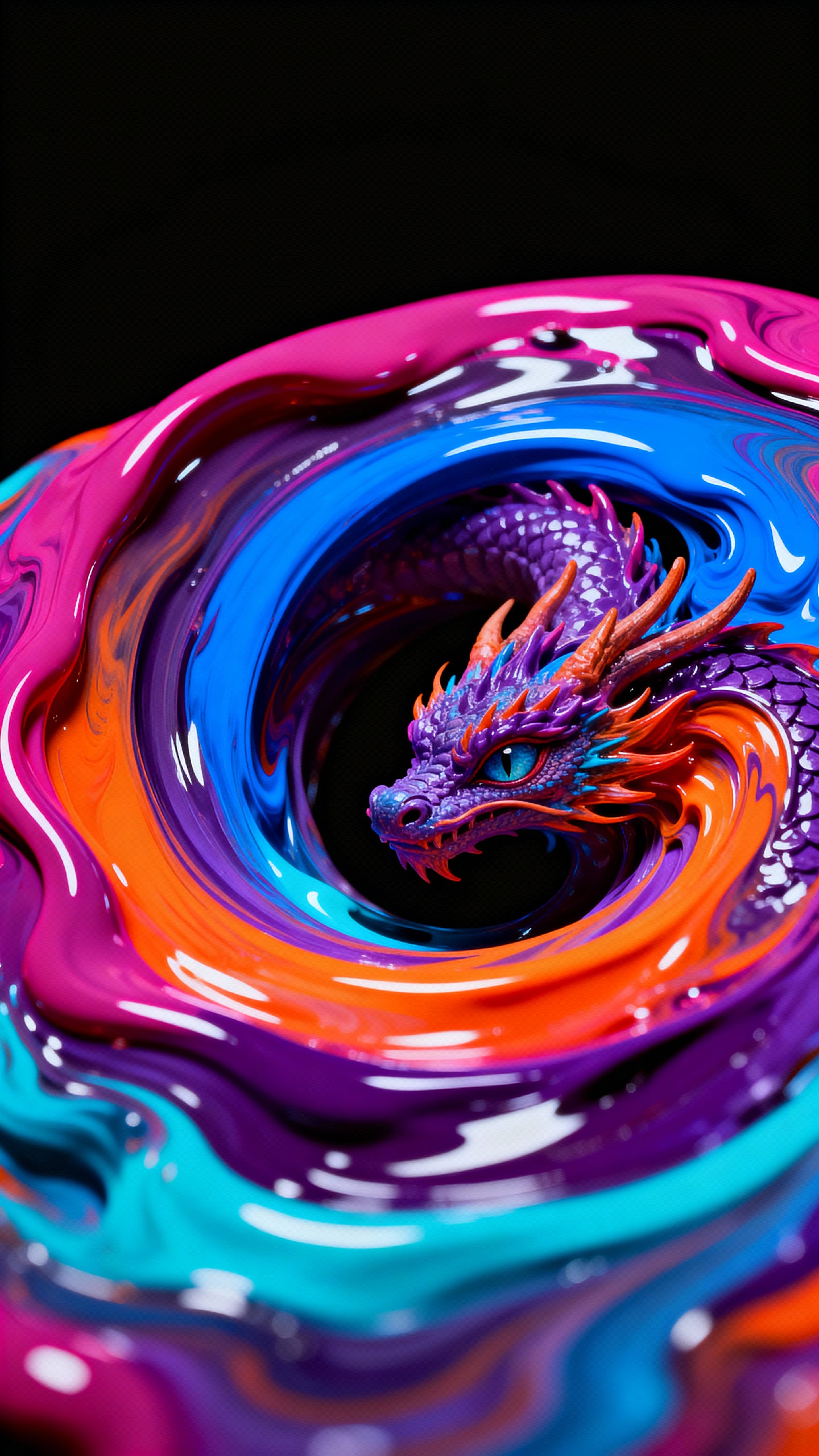 A hyper-realistic abstract swirl of molten paint in vivid magenta, deep fuchsia, electric blue, radiant orange, rich purple, and subtle cyan, flowing over a pure matte black background. Smooth, fluid, glossy textures like polished liquid,形成