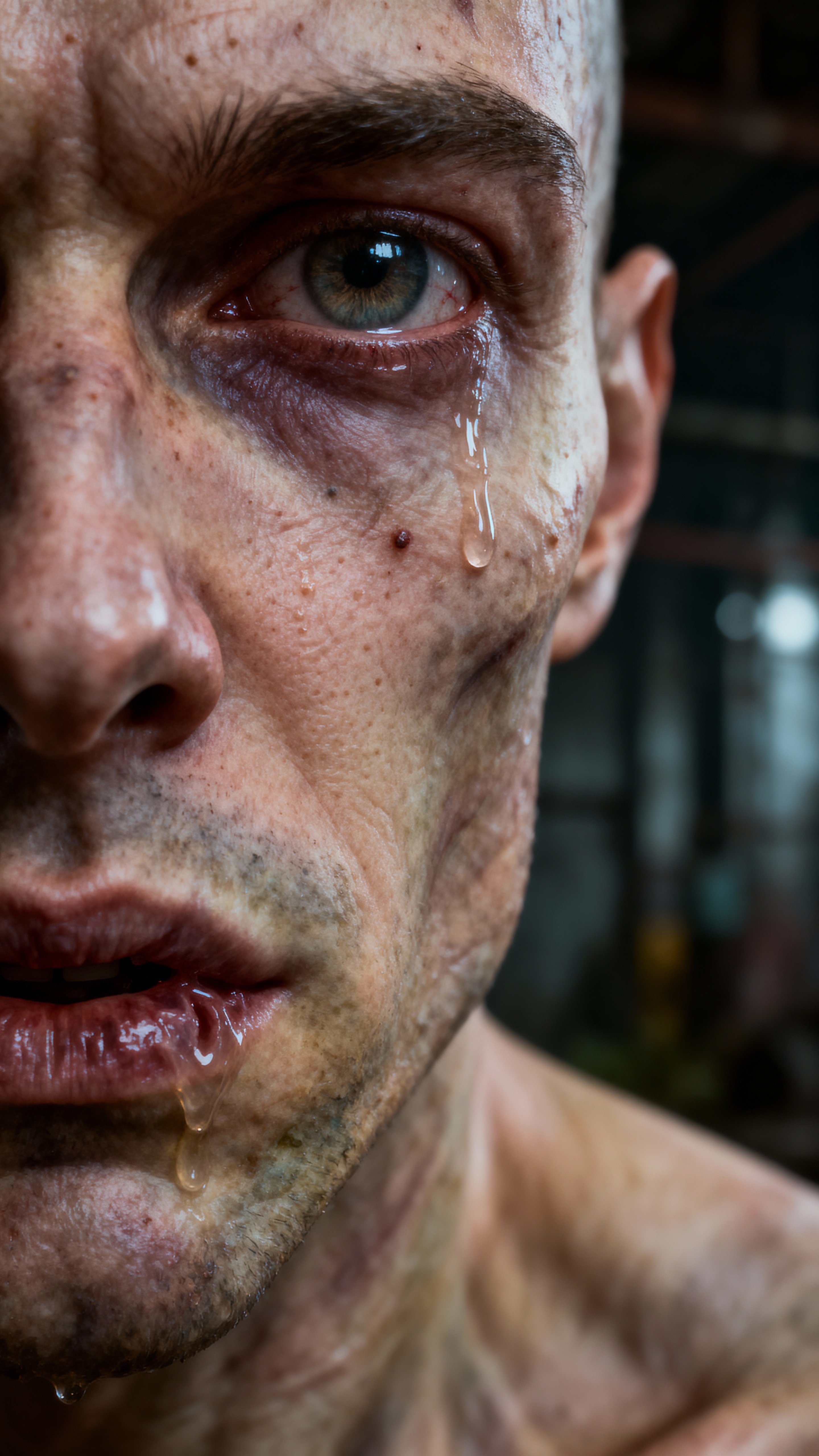 Create a hyperrealistic, close-up portrait of a life-like alien. The creature should appear convincingly biological and grounded in reality—detailed skin texture, pores, subtle veins, specular wetness, realistic eyes and facial asymmetry. A