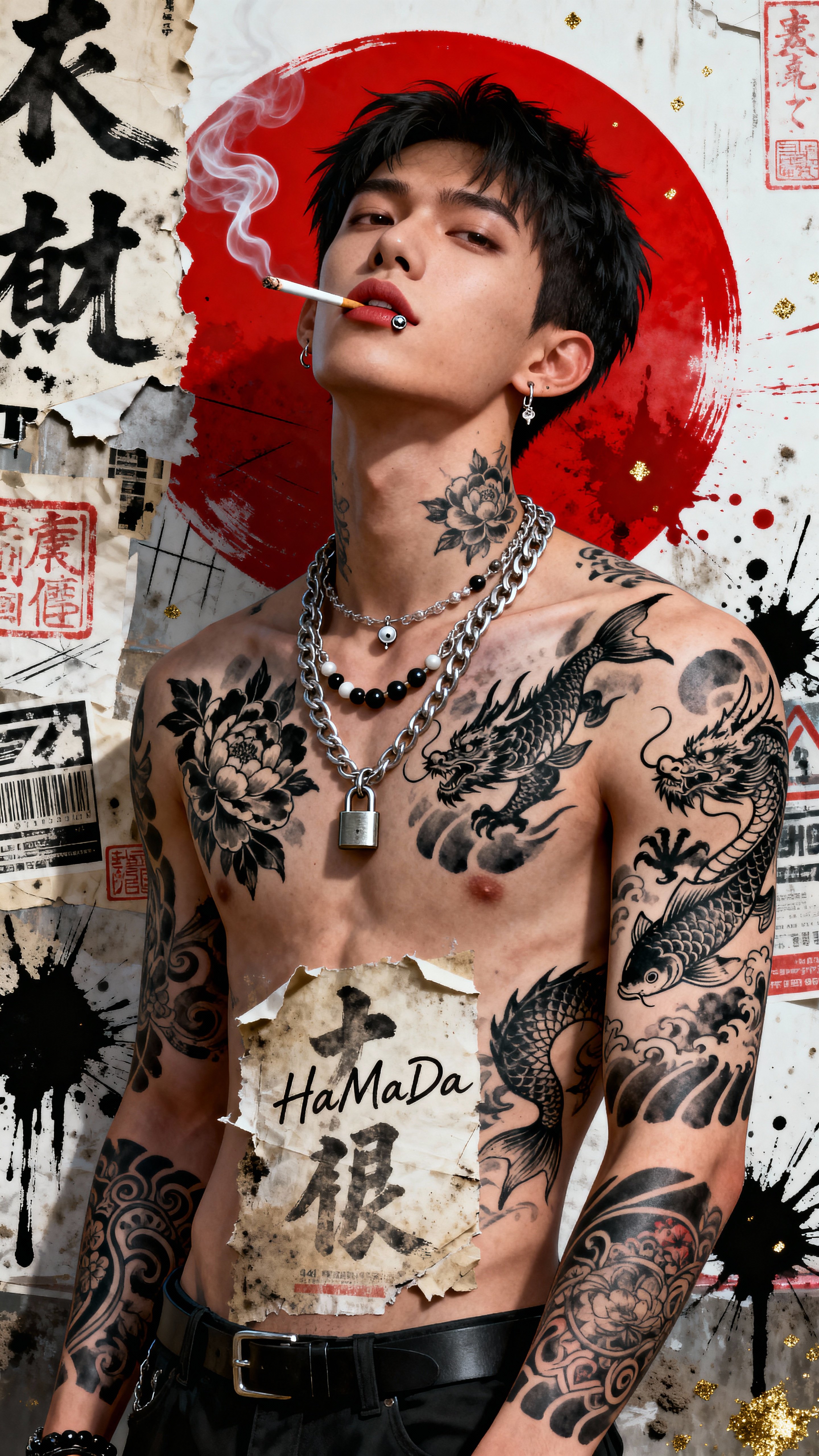 Hyperdetailed, hyperrealistic 3D illustrated poster of a rebellious young man based exactly on the supplied photo’s face. He stands in a confident, slightly leaning-back pose with chin raised, exuding fearless, unapologetic urban-queen/punk