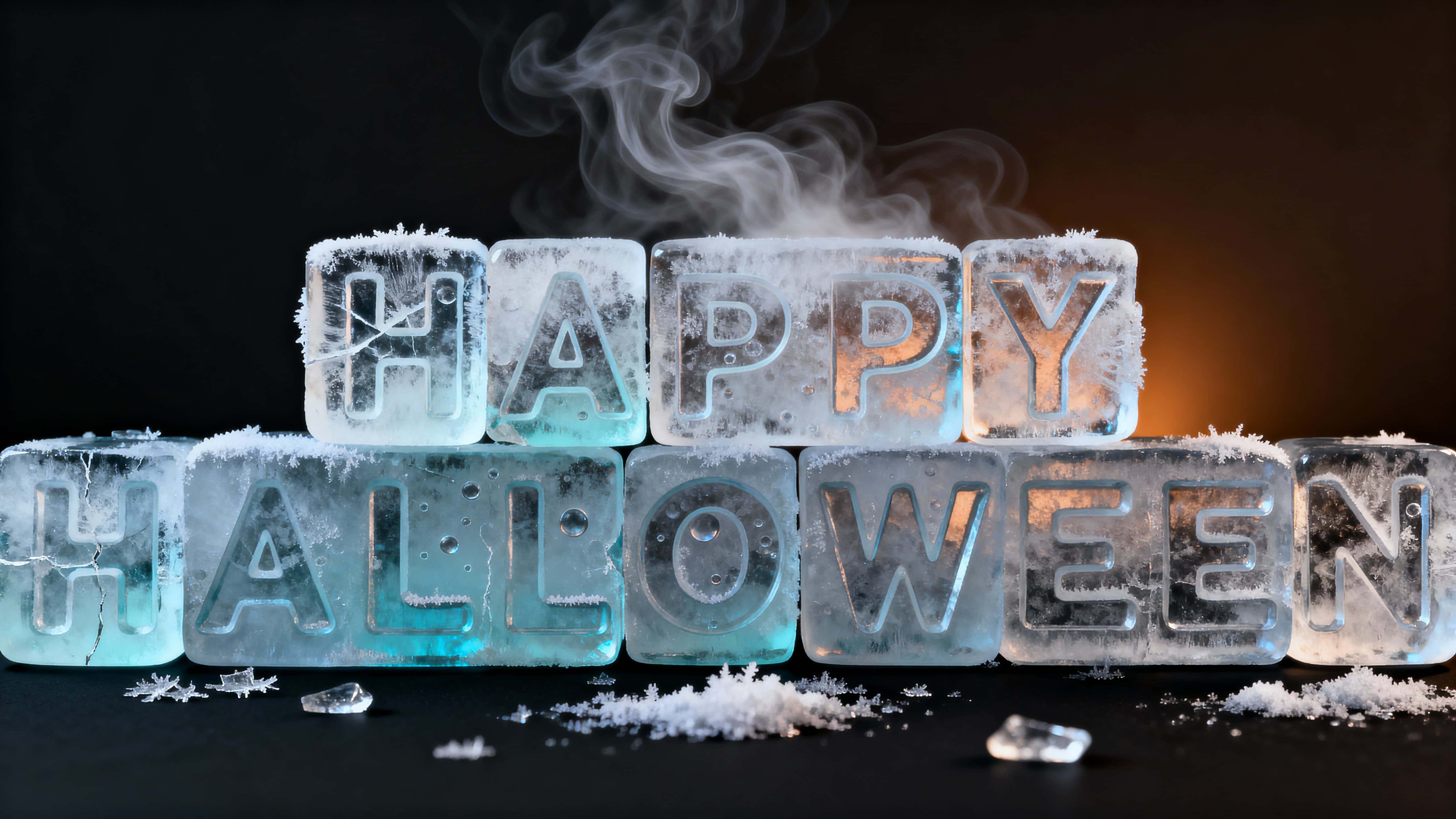 Photoreal 3D scene of “HAPPY HALLOWEEN” carved into frosted ice slabs on a matte black plane, cool blue-white highlights and faint warm amber rim create a crisp, wintry mood.