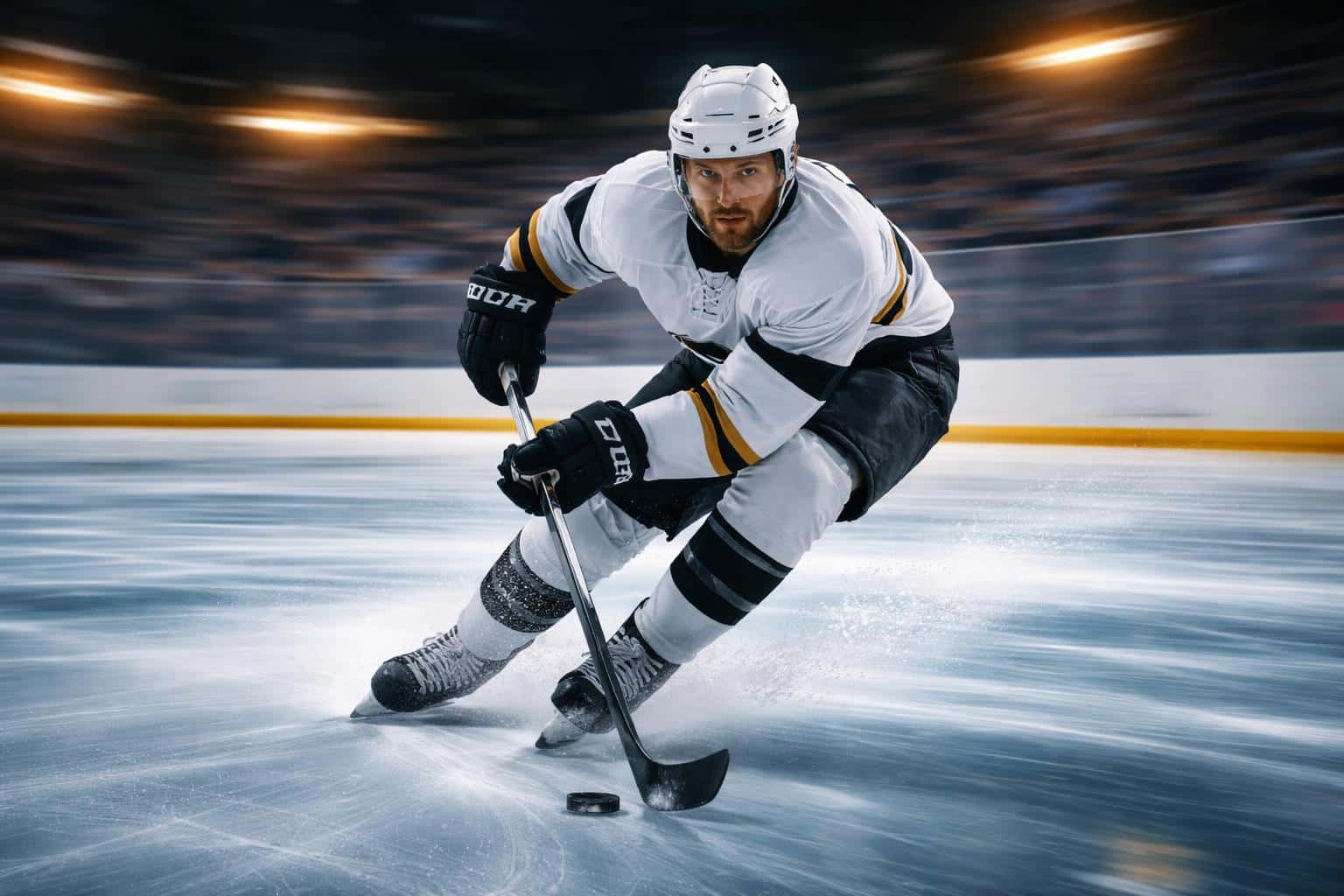 Rink-level 3:2 action shot of a thirty-something ice hockey player sprinting on skates, panned so head, shoulders and stick stay crisp while rink and lights streak horizontally.