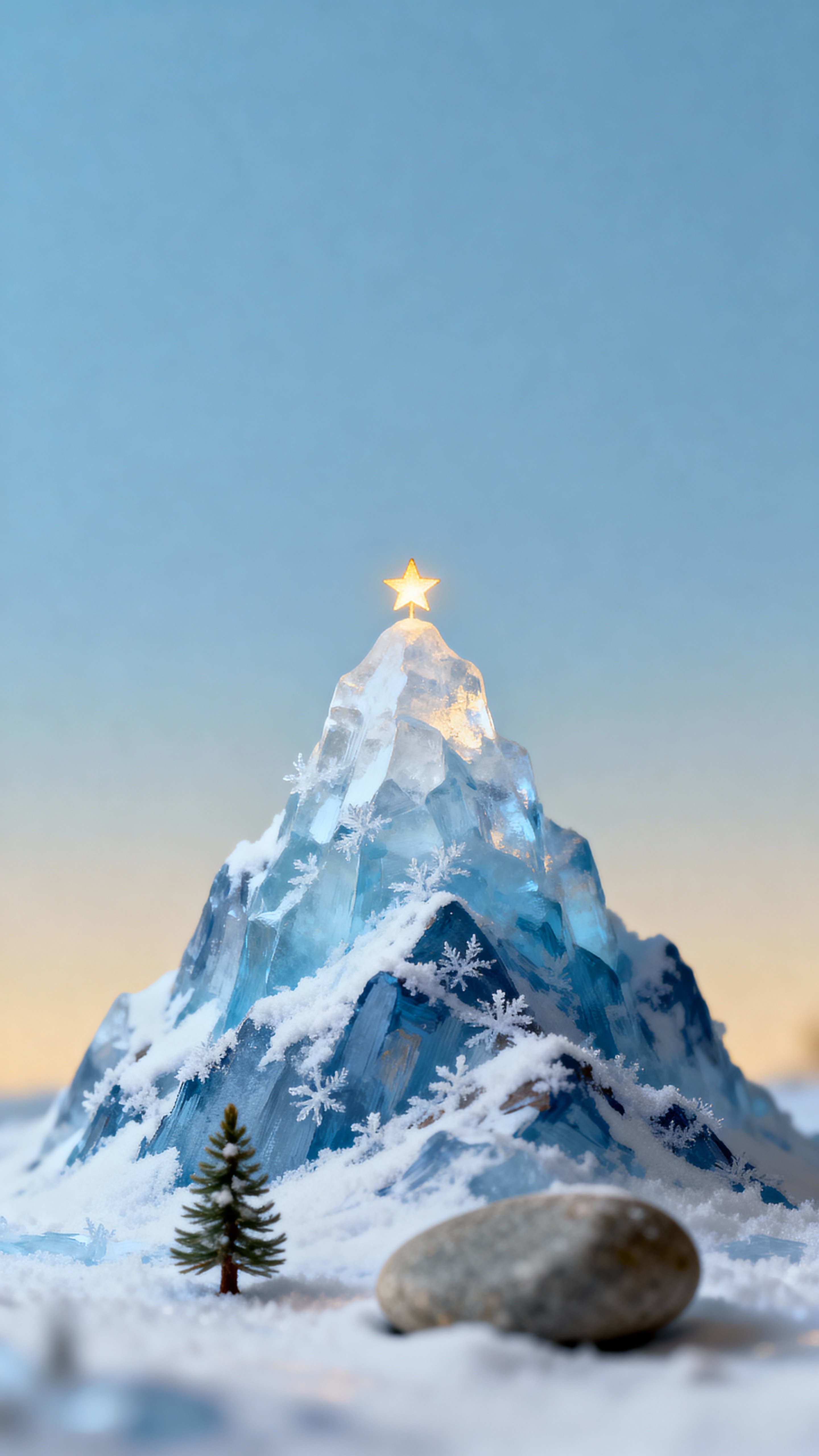 A micro-sized icy mountain stands centered within a 9:16 vertical frame, capped by one little glowing star and bathed in cool, gentle light to evoke quiet wonder.