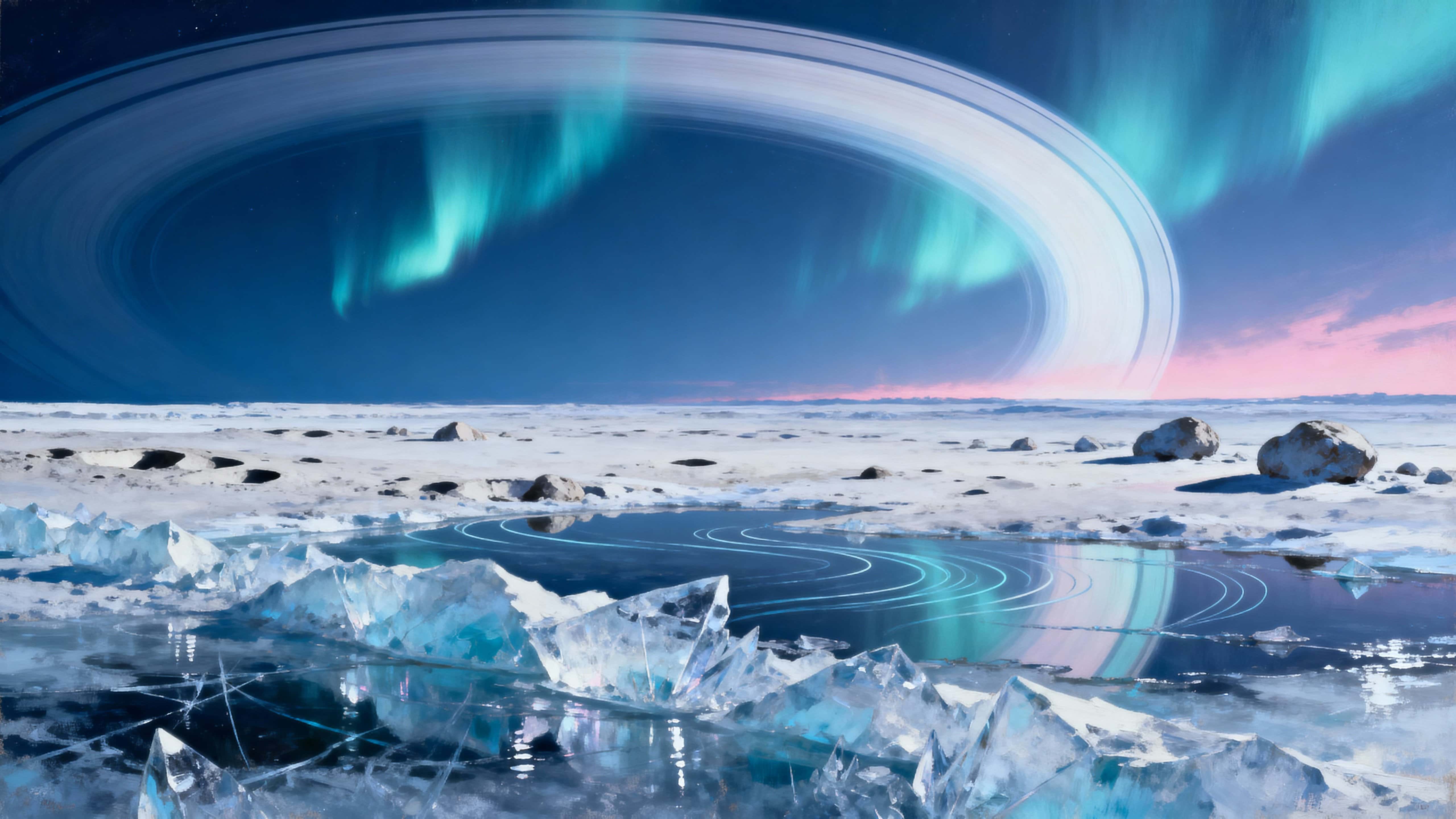 A hyperreal scene of an icy ringed exoplanet horizon where shifting auroras track magnetic lines and cast faint color onto frosted ground beneath a distant ring, rendered with crisp atmospheric clarity.