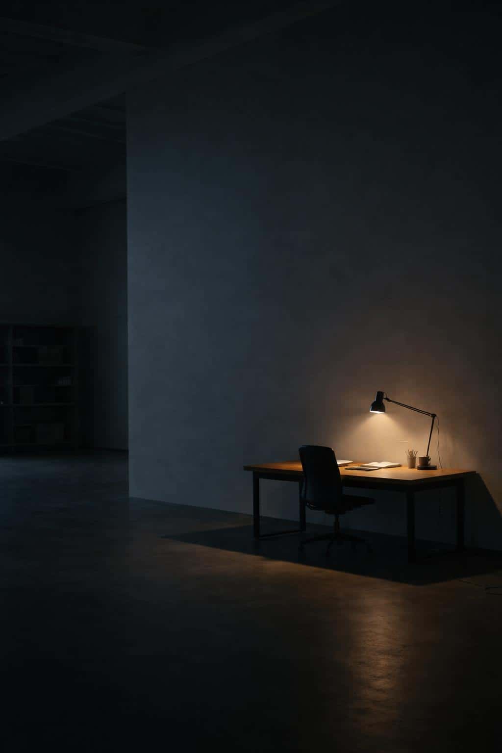 A large, mostly empty 2:3 workspace interior photographed as an editorial interior photography scene with one illuminated workstation and dramatic negative space.