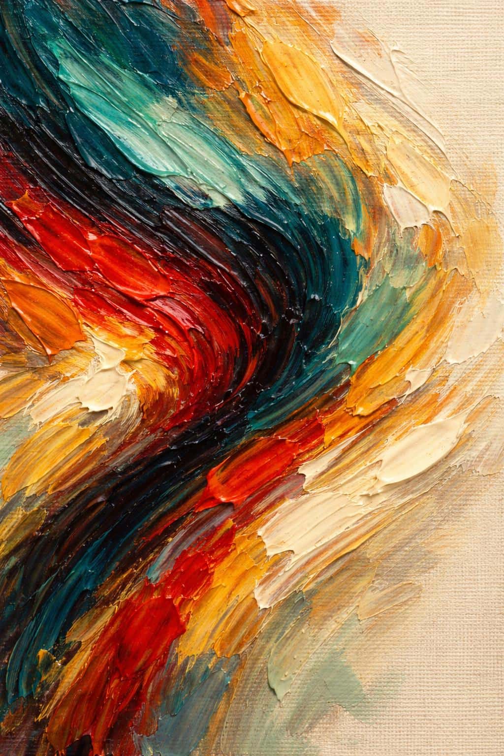 Close-up oil impasto study of thick palette-knife strokes and textured canvas, composed for a 2:3 poster-cover with tactile, energetic color layering.