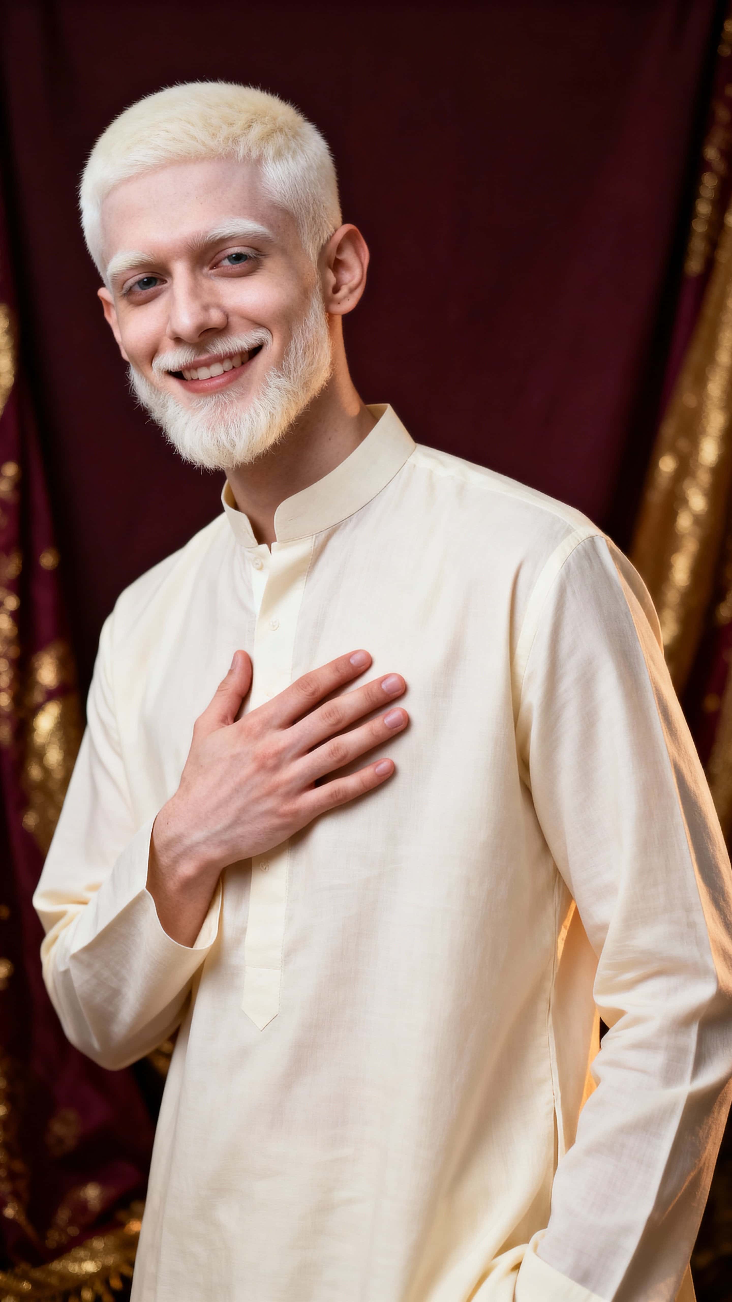 Studio portrait of an Indian man with albinism in his early thirties wearing a cream kurta, hands placed over his heart and side, against a dark maroon background with gold hints.